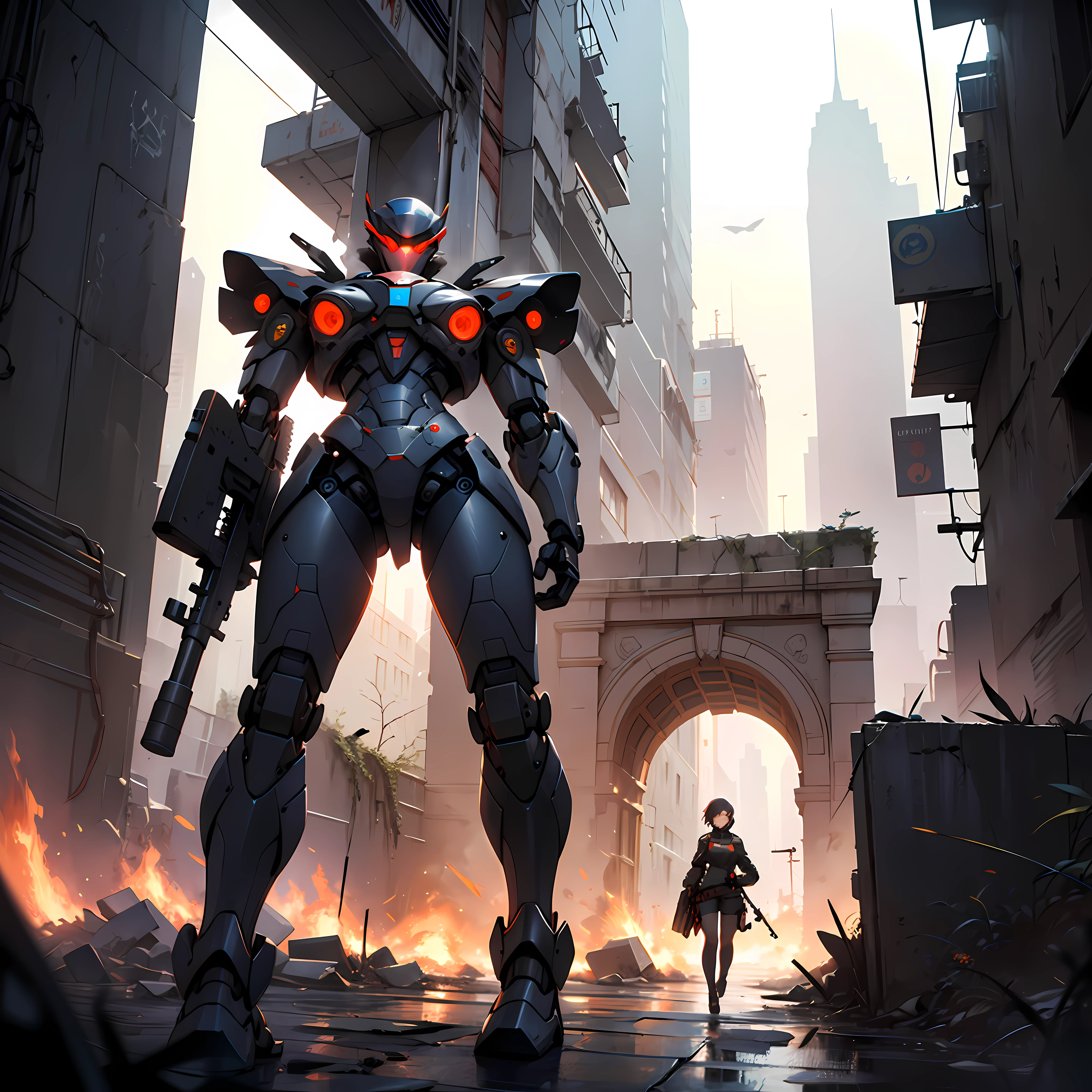 This is a CG Unity 8k wallpaper with ultra-detailed, high-resolution and top quality in cyberpunk style, dominated by black and red. In the picture, a beautiful girl with white messy short hair, a delicate face, wearing a steam mecha mask, standing on the ruins, behind her is a huge robot, and the action of a woman holding a heavy sniper rifle in her hand, --auto