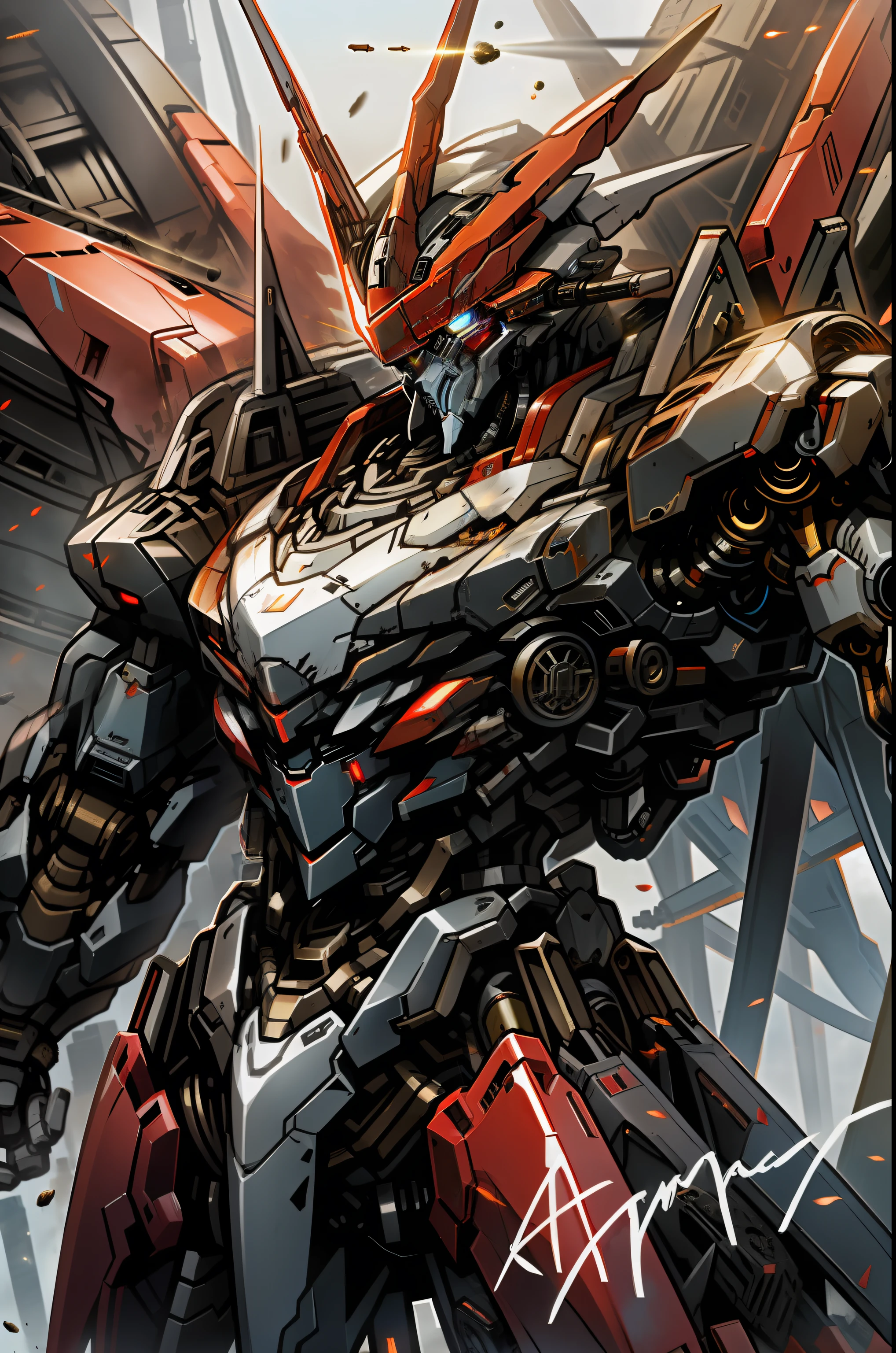 masterpiece, best quality, mecha, no humans, black armor, blue eyes, science fiction, fire, laser canon beam, war, conflict, destroyed city background,