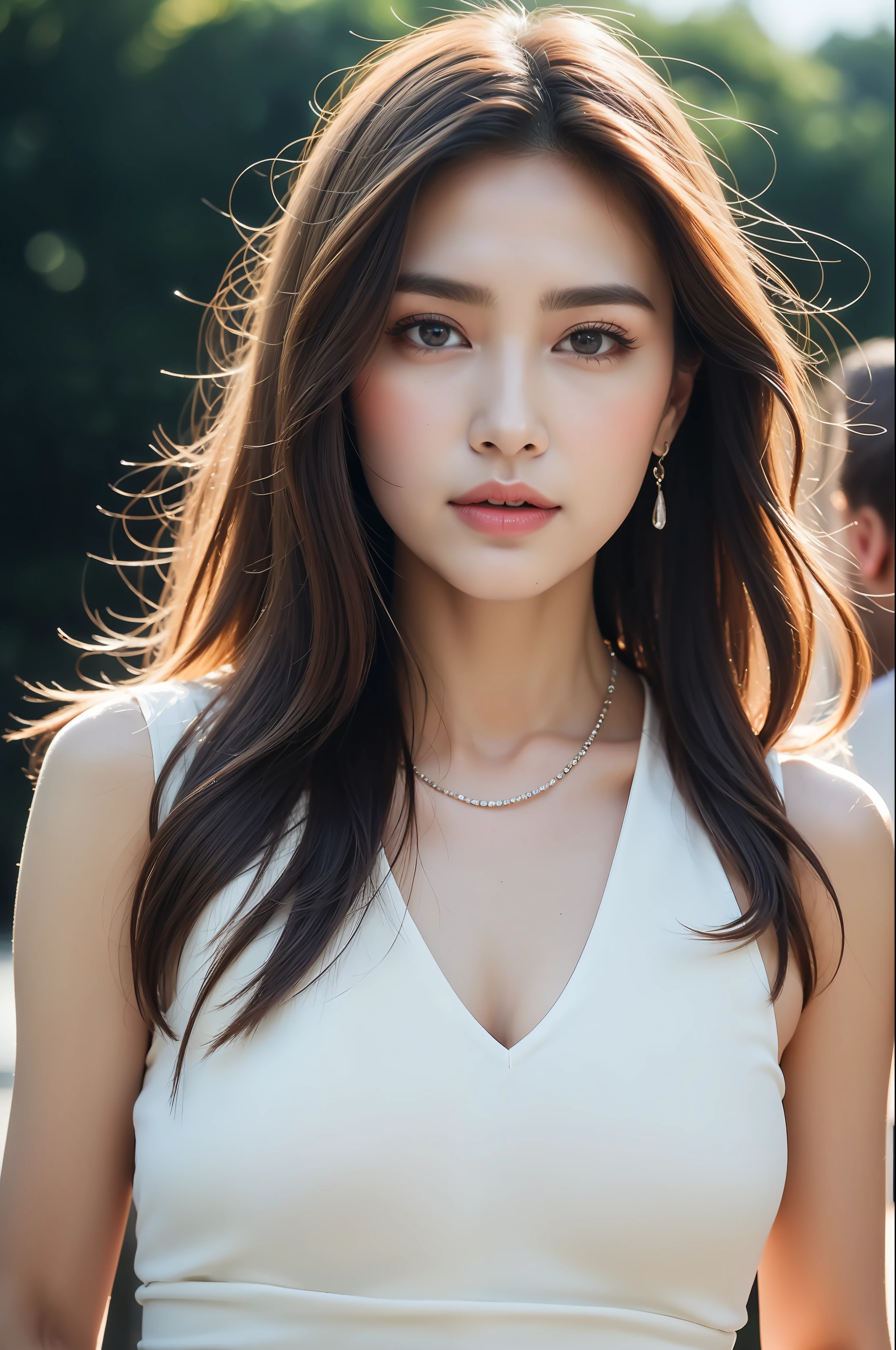 ((masterpiece)), (ultra detailed), ((realistic)), (better Quality), A very beautiful woman wearing an exclusive luxurious dress and necklace, walking on the crowd, with long silky hair, wave hair, and a beautiful red and white color dress. She has sparkling eyes. (((ful body))),  8k smooth, clear facial features, realistic, photography, photoreal, (high definition :1.0),(Realism:1.4), Waist Shot(WS), (Realistic skin:1.4), (Exquisite and clear portrait:1.4), (high resolution:1.4), (Fashion portrait photography:1.4), (photos realistic:1.4), (Super realistic:1.4),