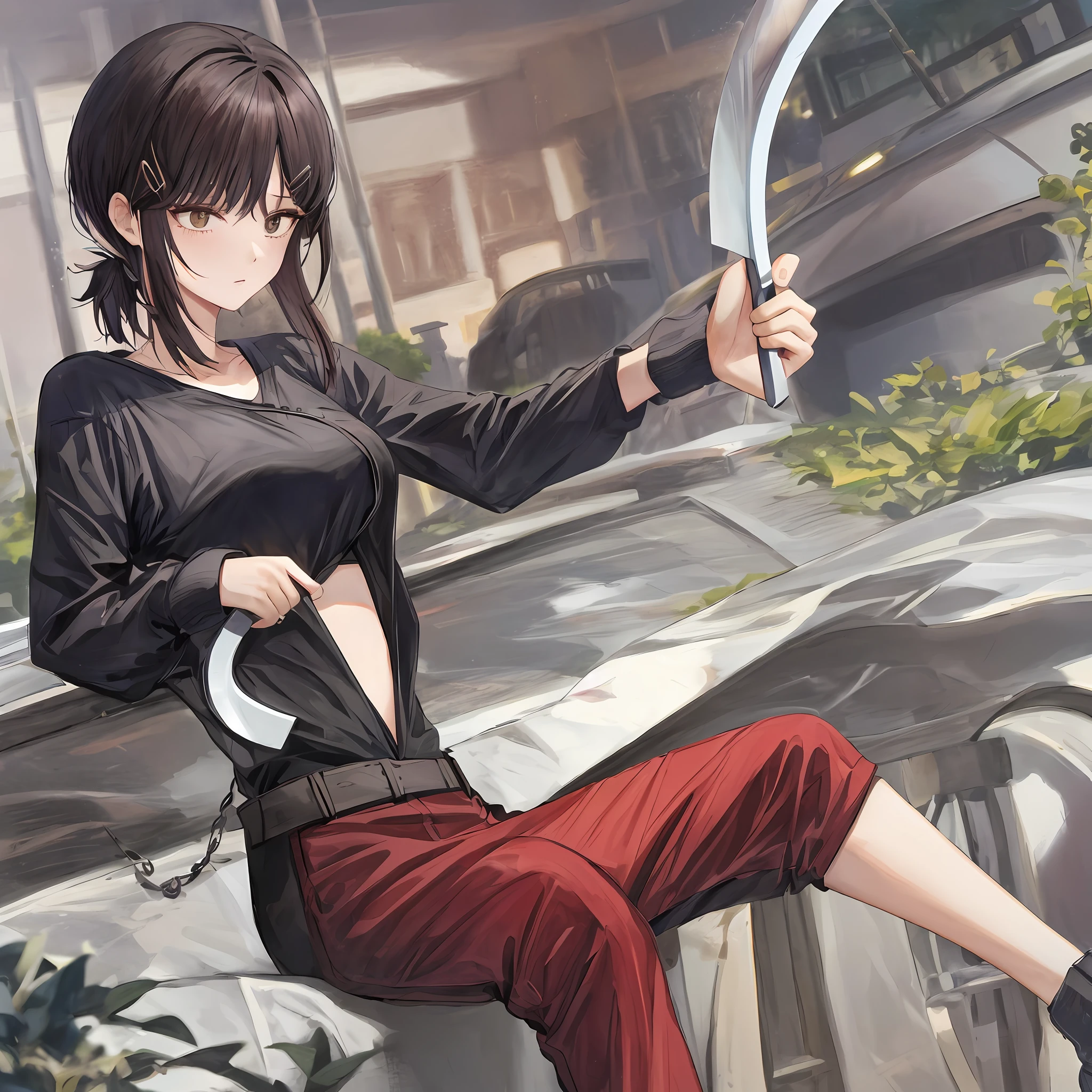 A female killer，brunette color hair，Realiy，Asian people，leisure wear，Dagger in hand