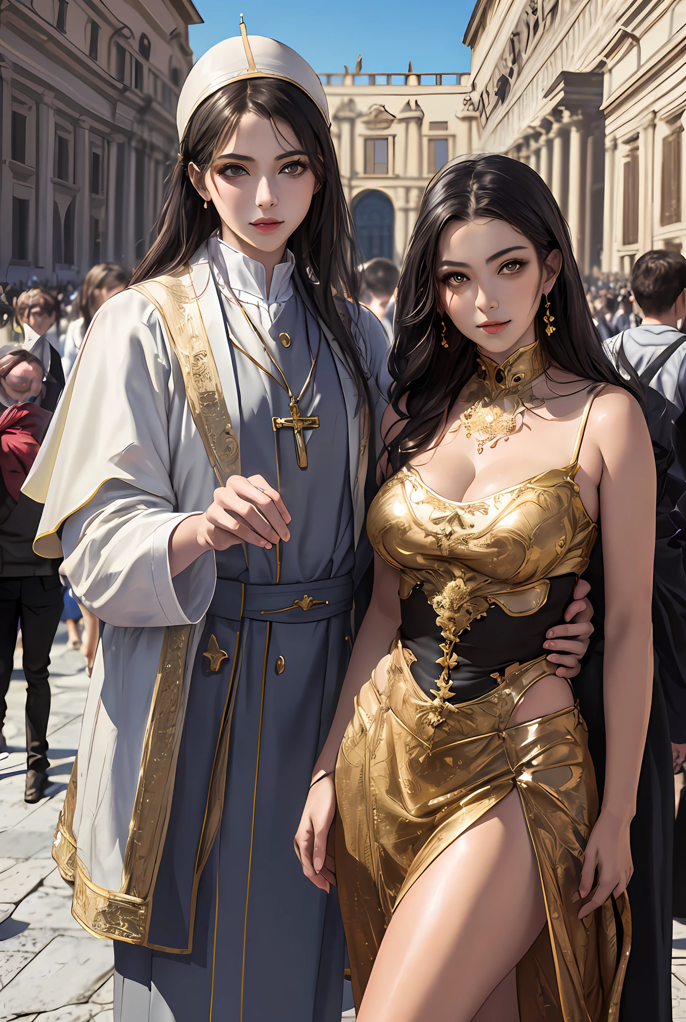 (巨作, Best quality, Realistic),
2girls,duo,(on the St. Peter's Square of Vatican,crowd of), sankta. Peter's Square of Vatican background,gypsy dress,(Princess Eyes,shiny pupils),Dancing,  Gold, banquet, crowd of, picking up skirt,
[Slight smile],
