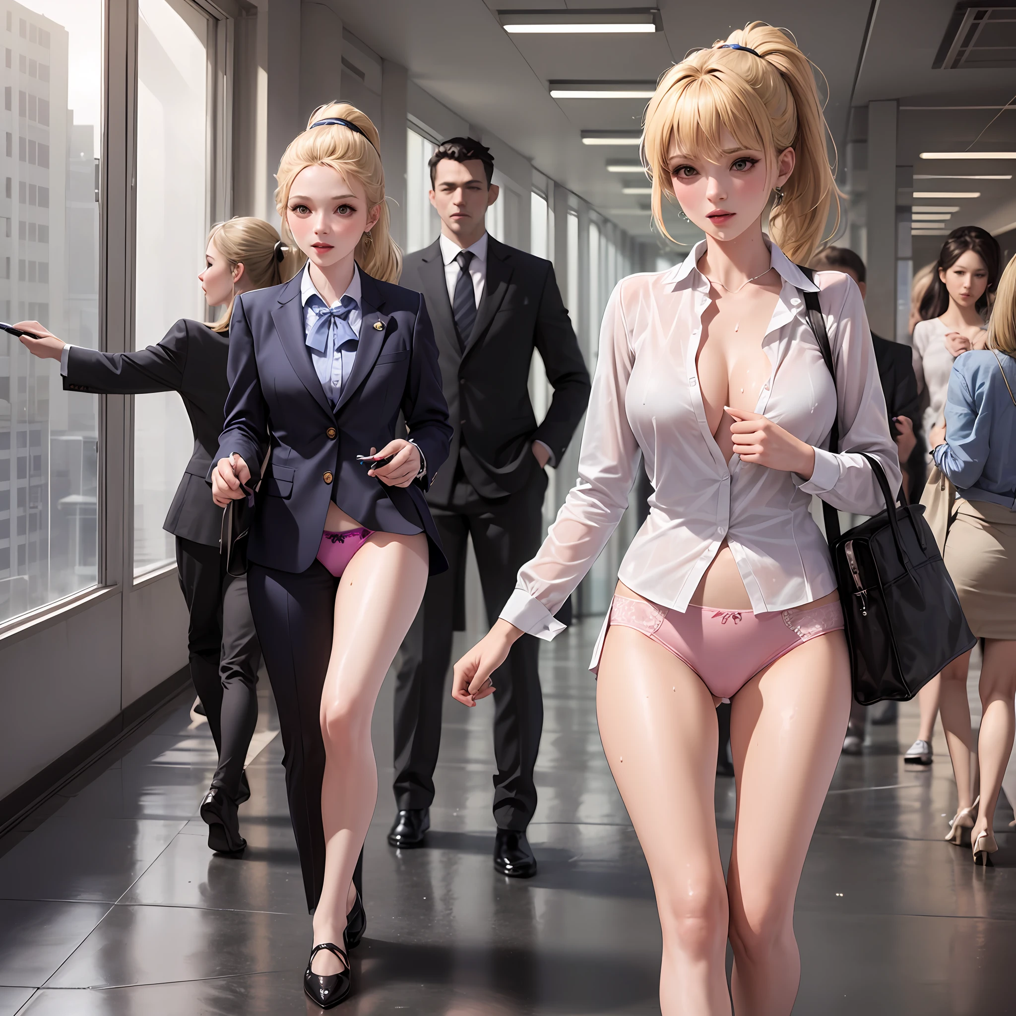 High quality, best quality, masterpiece, 8K, ultra-real, ridiculous, vibrator in panties, 1 girl, office, blonde, business suit, pen holder skirt, standing with legs extended: 1.1, blush, ponytail, wet panties, sitting, wet floor, (open clothes, expose entire breasts, flirt skirt: 1.1), --auto