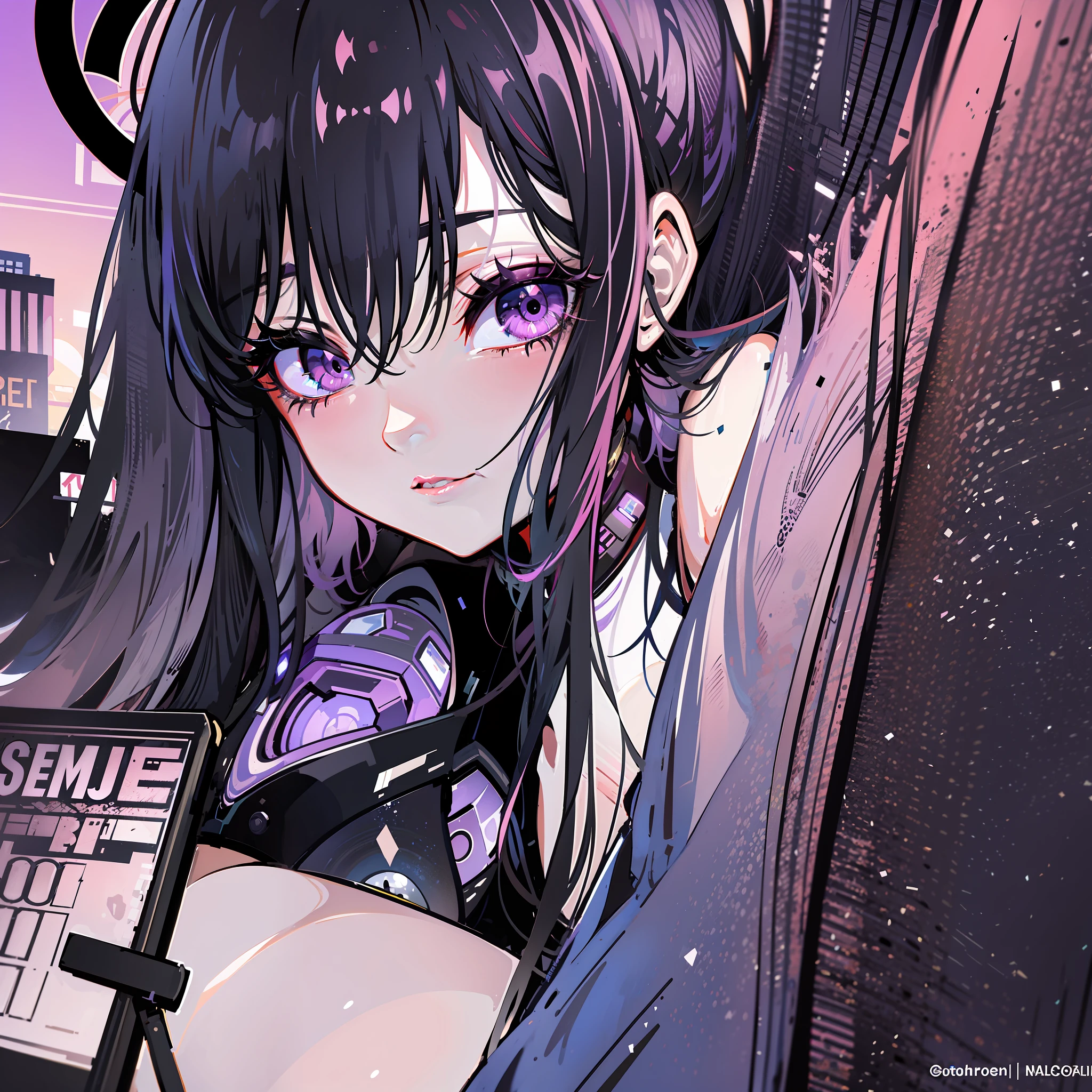 1girll，utmost+Beautiful+meticuloso_the face，utmost+Beautiful+meticuloso_The eye，The upper part of the body，closeup cleavage，cyberpunk backgrouns，sketching，solidcolor，Plum purple eyes，cabelos preto e longos