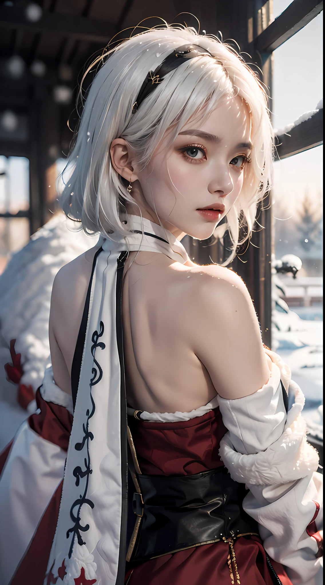 1 girl, (White hair:1.2), (Portrait:1.3), (Breasts, cleavage, (Red Hanfu), (Winter hanfu:1.2), Cloak, (Snow:1.3), (Masterpiece, Best quality:1.5), (Medium breast), (bare shoulders​, No shoulder strap:1.5), Cinematic lighting, Depth of field, From behind, Masterpiece