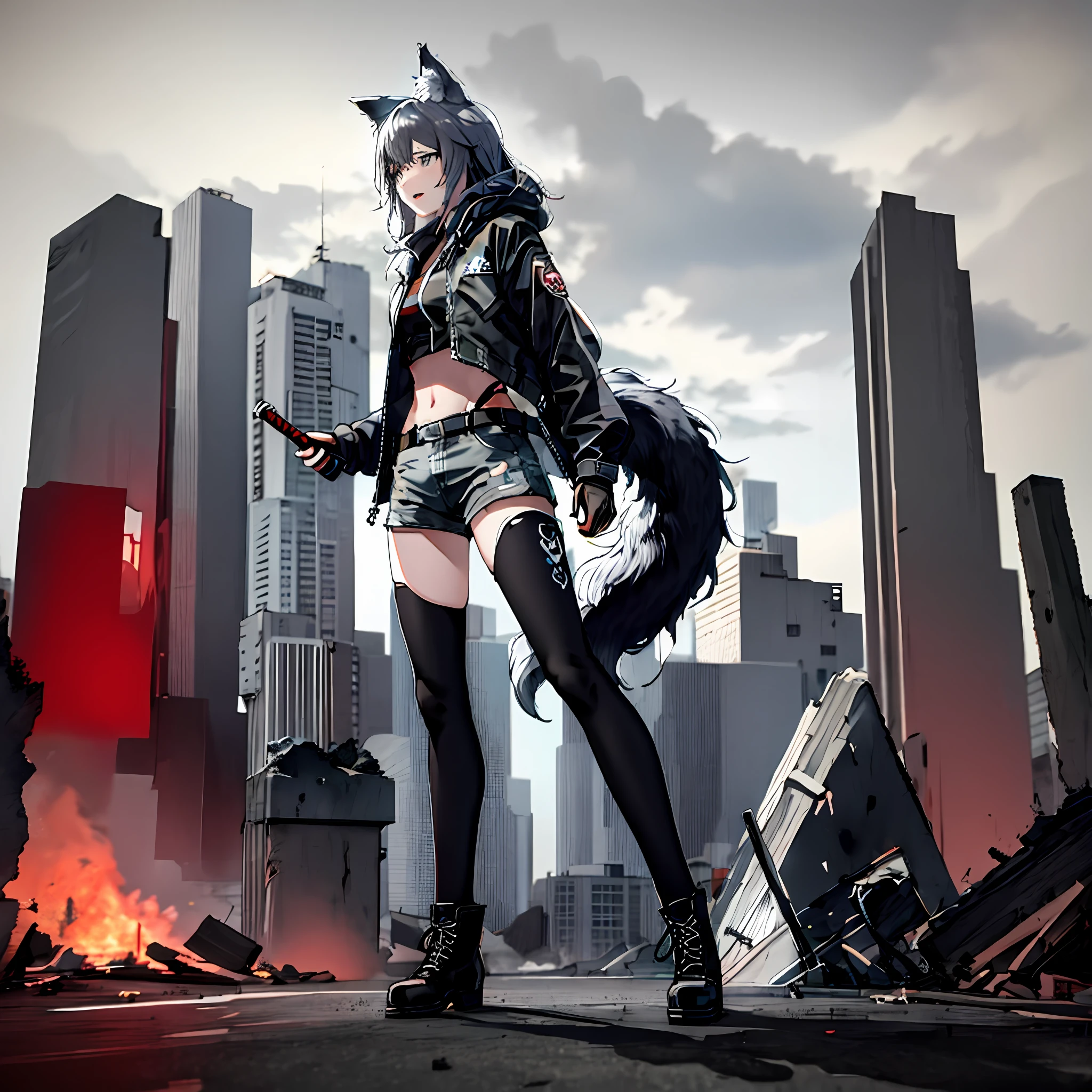 Anime style 4K,The long knife of realistic wind,cabelos preto e longos,High ponytail,Cute anime girls,natural facial expression,Fluffy black tail, 3D realistic, Wolf ears, Game Ark of Tomorrow,Game character Texas,,Open short storm jacket,Ultra shorts,leg loops,the night ,high qulity,In the ruins,Combat boots,Leather high socks,A masterpiece of red half-finger gloves,best qualtiy,(The is very detailed的 CG unified 8k 壁纸),(best qualtiy),(Most Best Illustration),(best shadow),Ray traching,ultra-detailliert