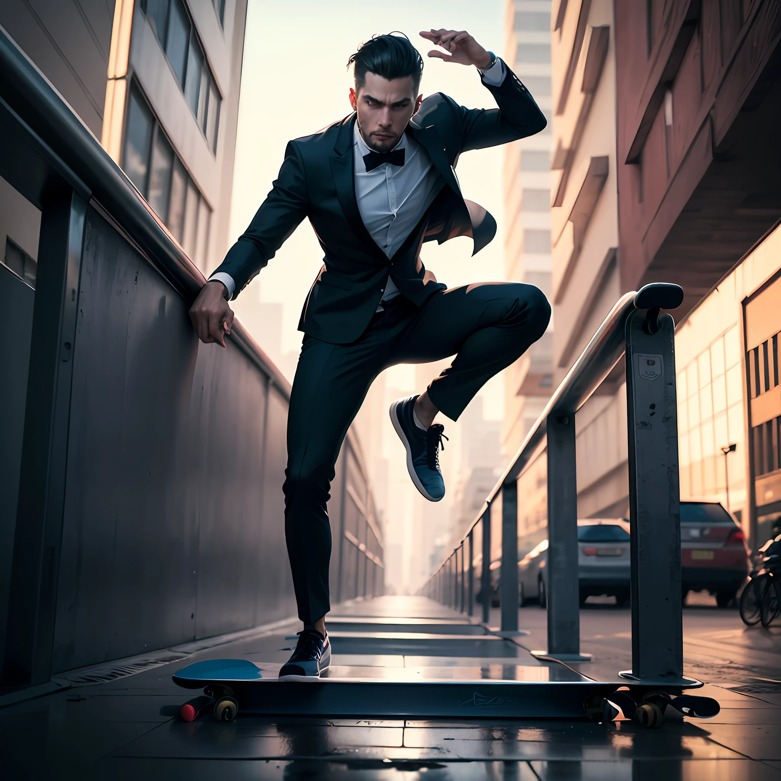 Man jumped off a skateboard on a railing, estilo cyberpunk, roupa branca de corpo todo, de lado, 4k, ultra realistico, 8k, super detalhado, melhor qualidade, obra-prima --auto