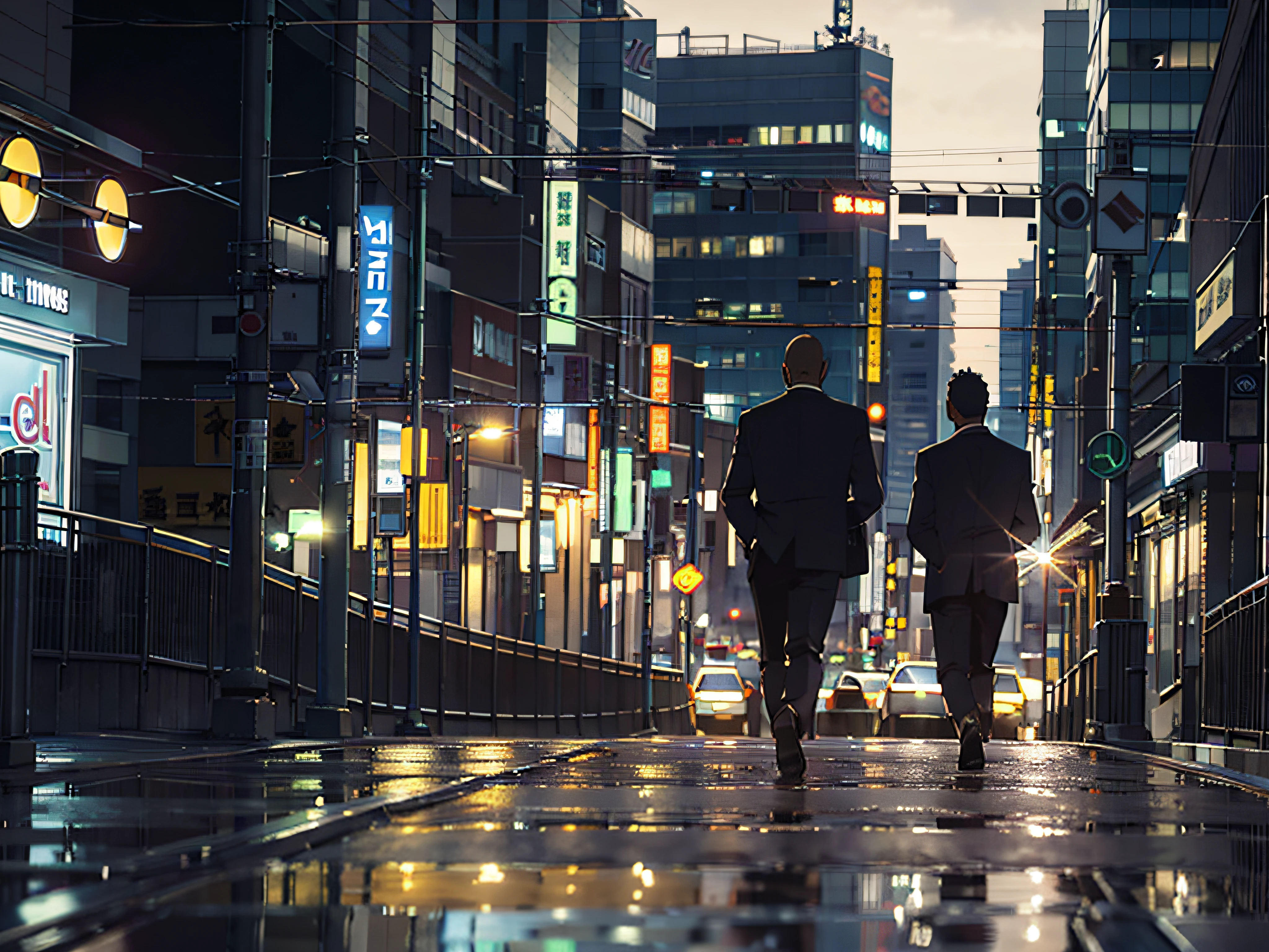 Behind the scenes of a businessman happily walking in downtown Tokyo at night