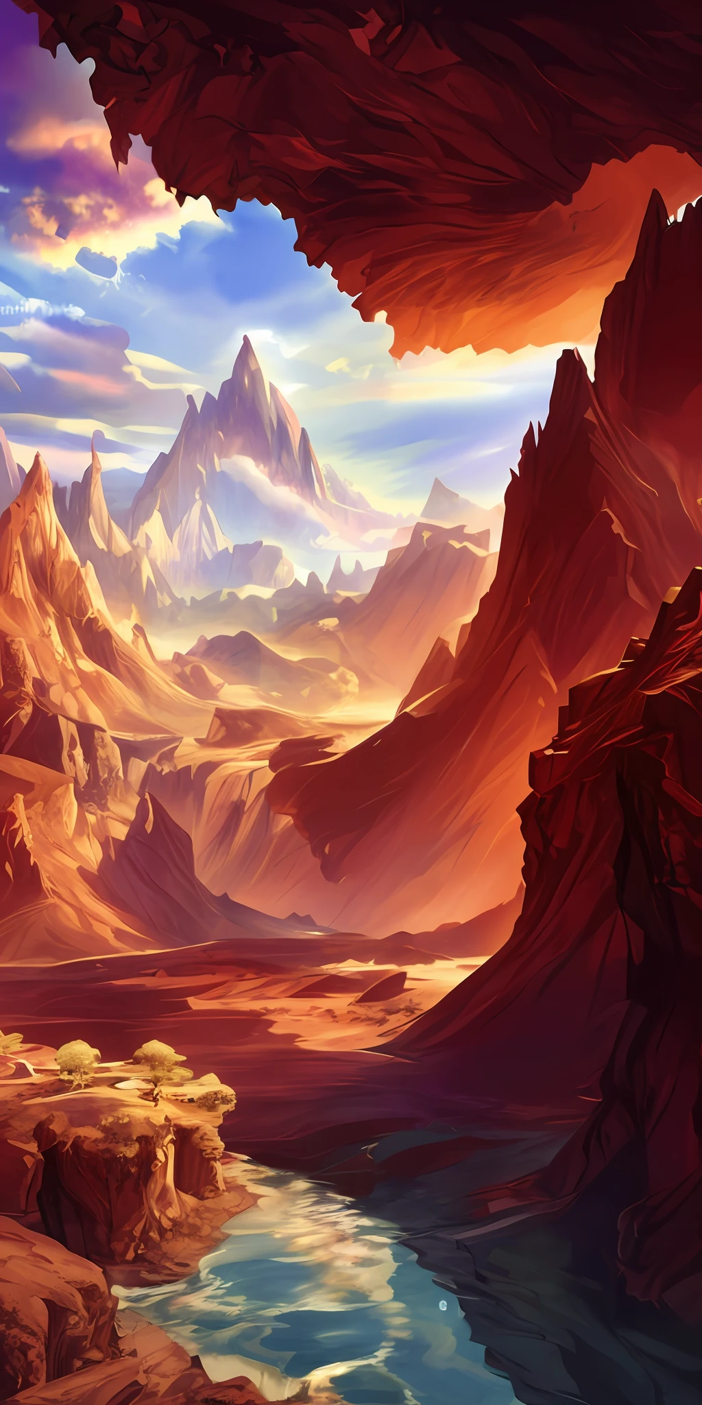 mountains and a lake in the middle of a valley with a mountain range in the background, impressive fantasy landscape, most epic landscape, fantasy art landscape, an epic landscape, epic fantasy landscape, epic dreamlike fantasy landscape, 4k fantasy art, concept art wallpaper 4k, concept art. epic landscape, ross tran. scenic background, jessica rossier fantasy art