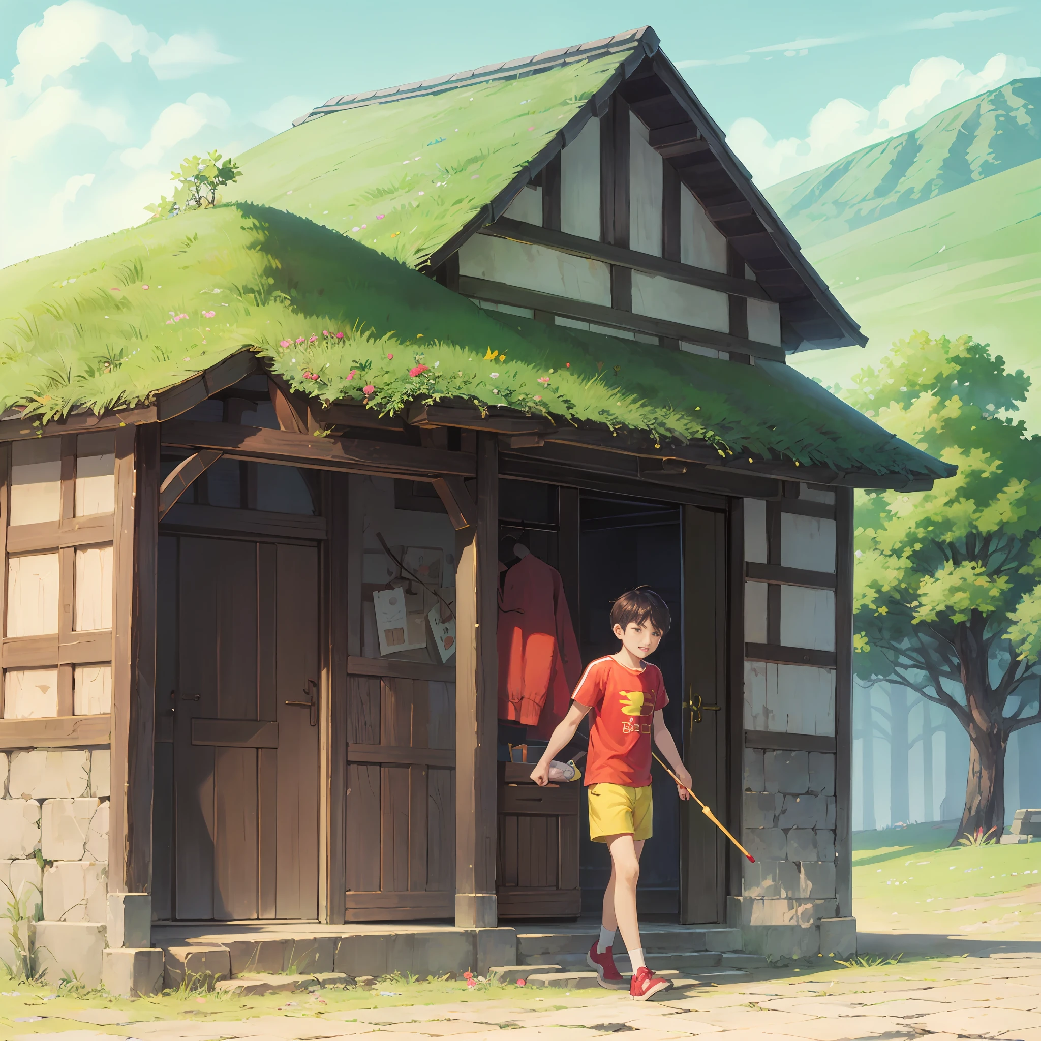 Crayon Shin,red short sleeves,Yellow shorts,Holding Xiaobai,Dynamic Superman is behind --auto