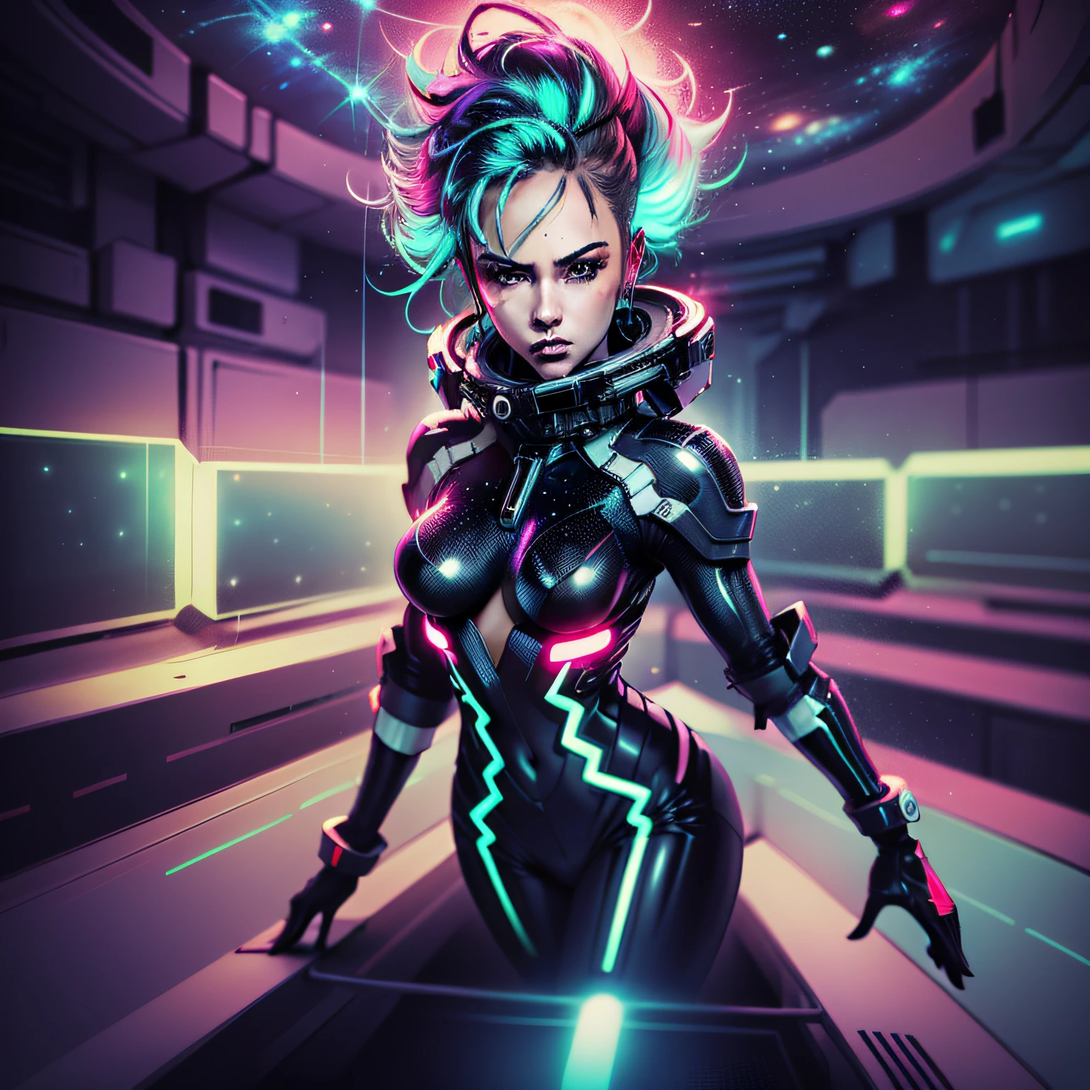 Uma imagem de uma sensacional diva espacial em uma roupa futurista, acting amid neon lights and dazzling stardust on a cosmic space station. A cena cativa com sua energia eletrizante e carisma cativante.