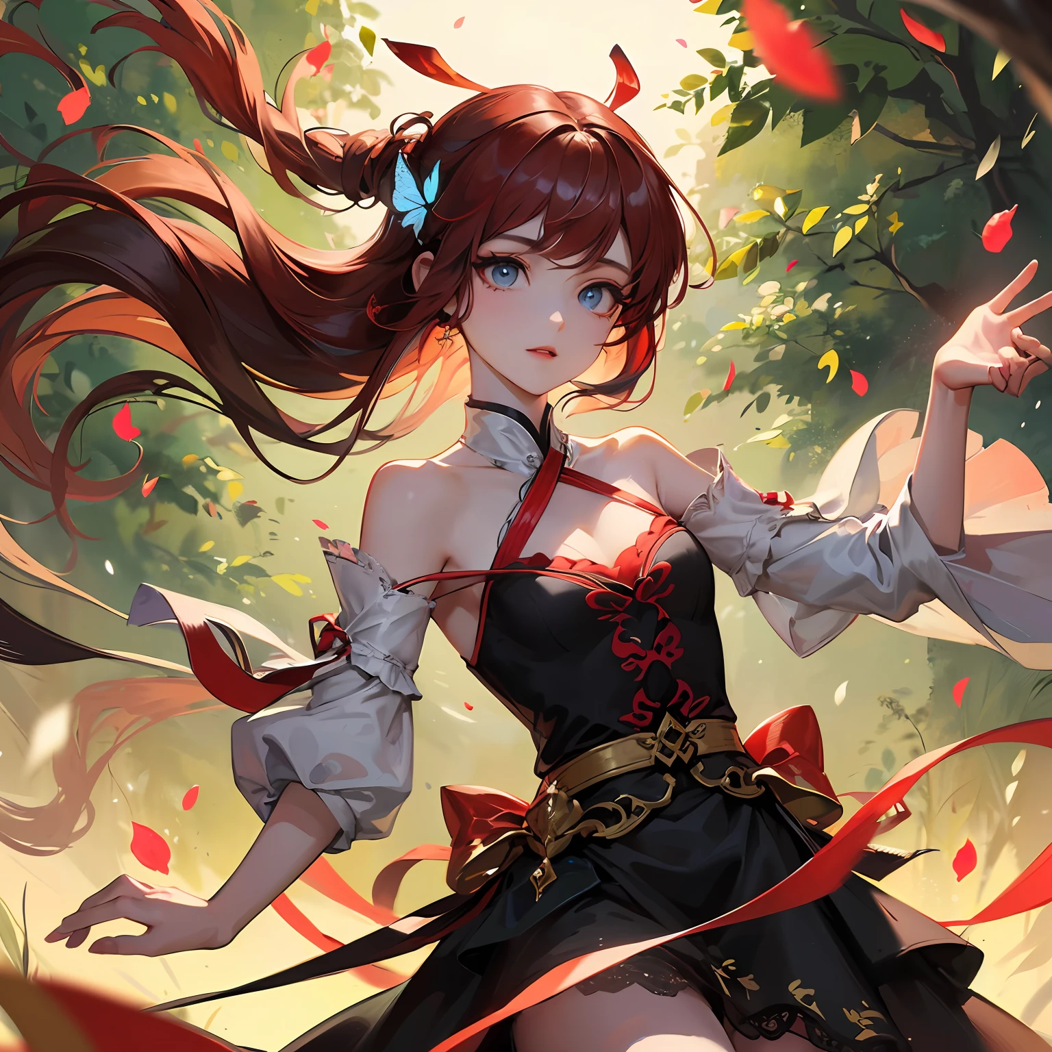 （Smart）（Like a butterfly）（Liu Jialin）Night Forest series:(best quality,ultra-detailed)A dream(i.Background with：(floating, depth of field,petals,leaves,grasslands,[nightfall:1.2]+[(volumetric light):0.8])) 。ii. (1girl),Gentle eyes(blue eyes)，(long black hair,red hair:1.3), white dress(Multi-layered lace),Embroidered neck decoration and bow。 iii.Small flames，Butterfly dance，Shaking branches，The sound of wings passing by each other，Dance like a butterfly to stay in your dreams。 --auto