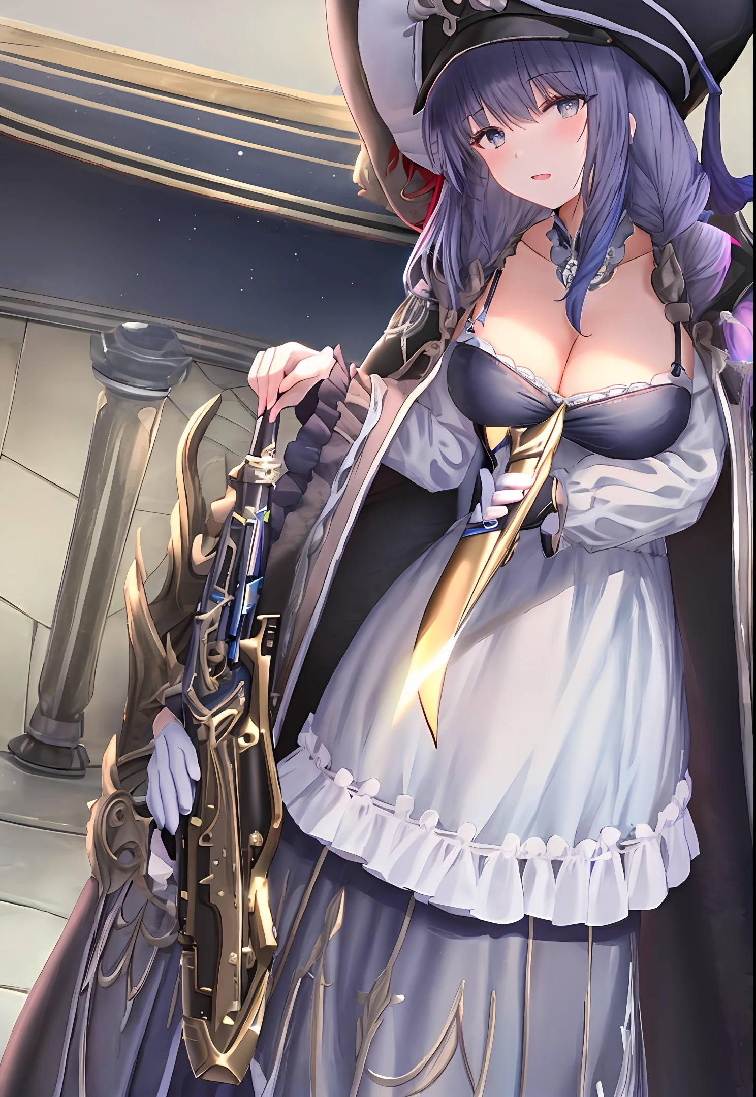 Everyone shows girls，Blue-white eyes，Blackn clothes，Royal sister，Long blue hair，Braids，With a long gun，closeup cleavage，wearing hat，lady