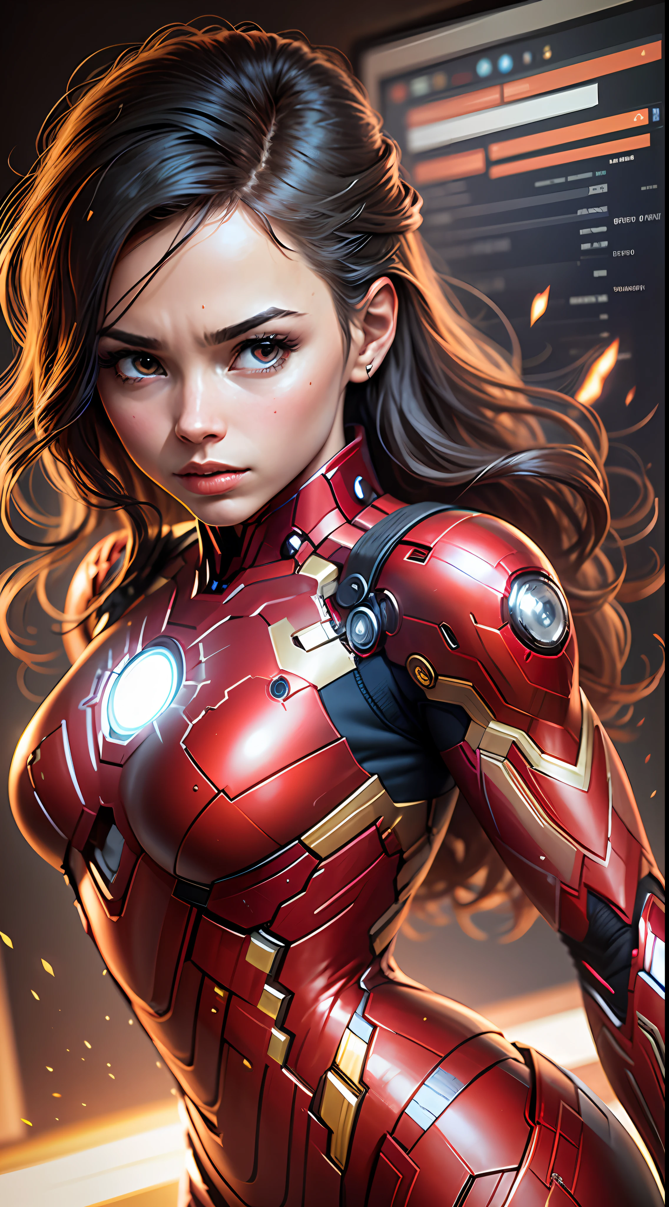 PC desktop, marvel style, The woman, hand forward, iron man style