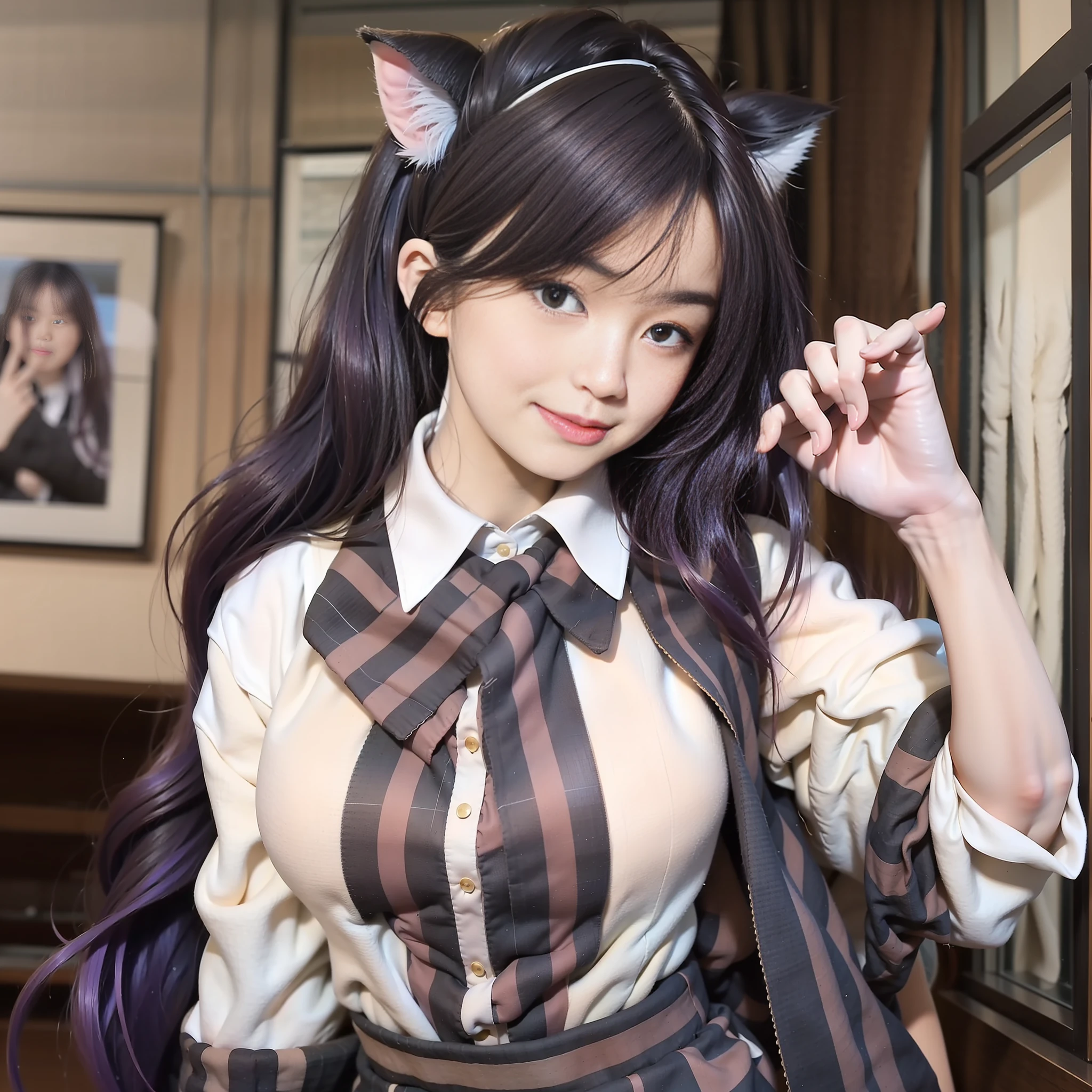 A seductive teenage cat girl with long, lavender-colored hair. She is wearing a white blouse and a plaid skirt. Her outfit highlights her curvaceous figure, especially her alluring bust. She exudes a captivating beauty that is both enticing and mysterious.