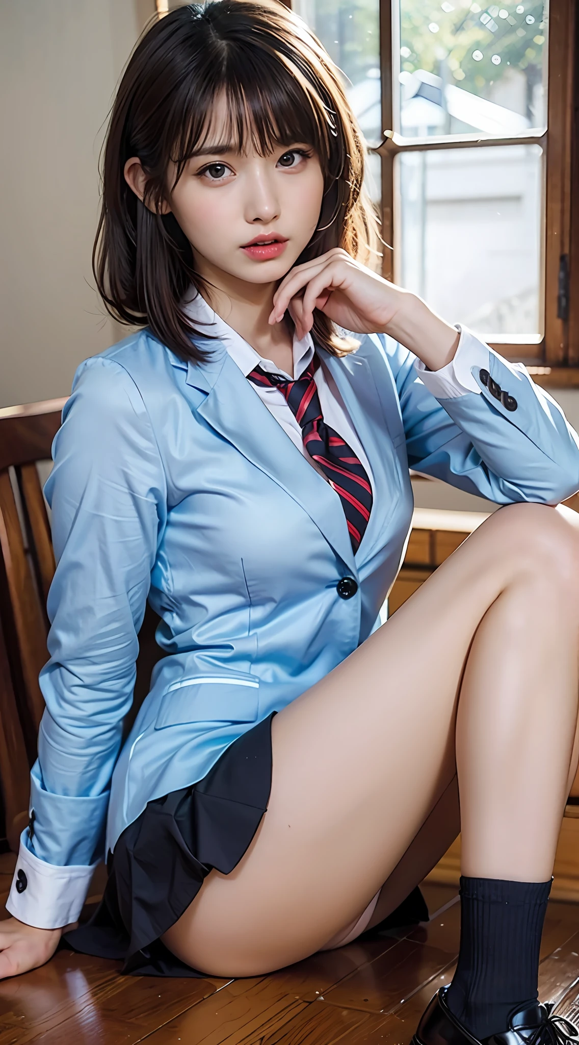 Top Quality, Photorealistic, 8K, High Definition, 1 Girl, Female, (1.8), School, Schoolgirl, Blazer, Uniform, Pubic hair visible, No panties, Skirt boldly pulled up, ((Sit in chair and legs wide open)), Bend your knees and open your legs, Slightly shorter hairstyle, Grab your knees with your hands to open your legs, Buttoned shirt flutters