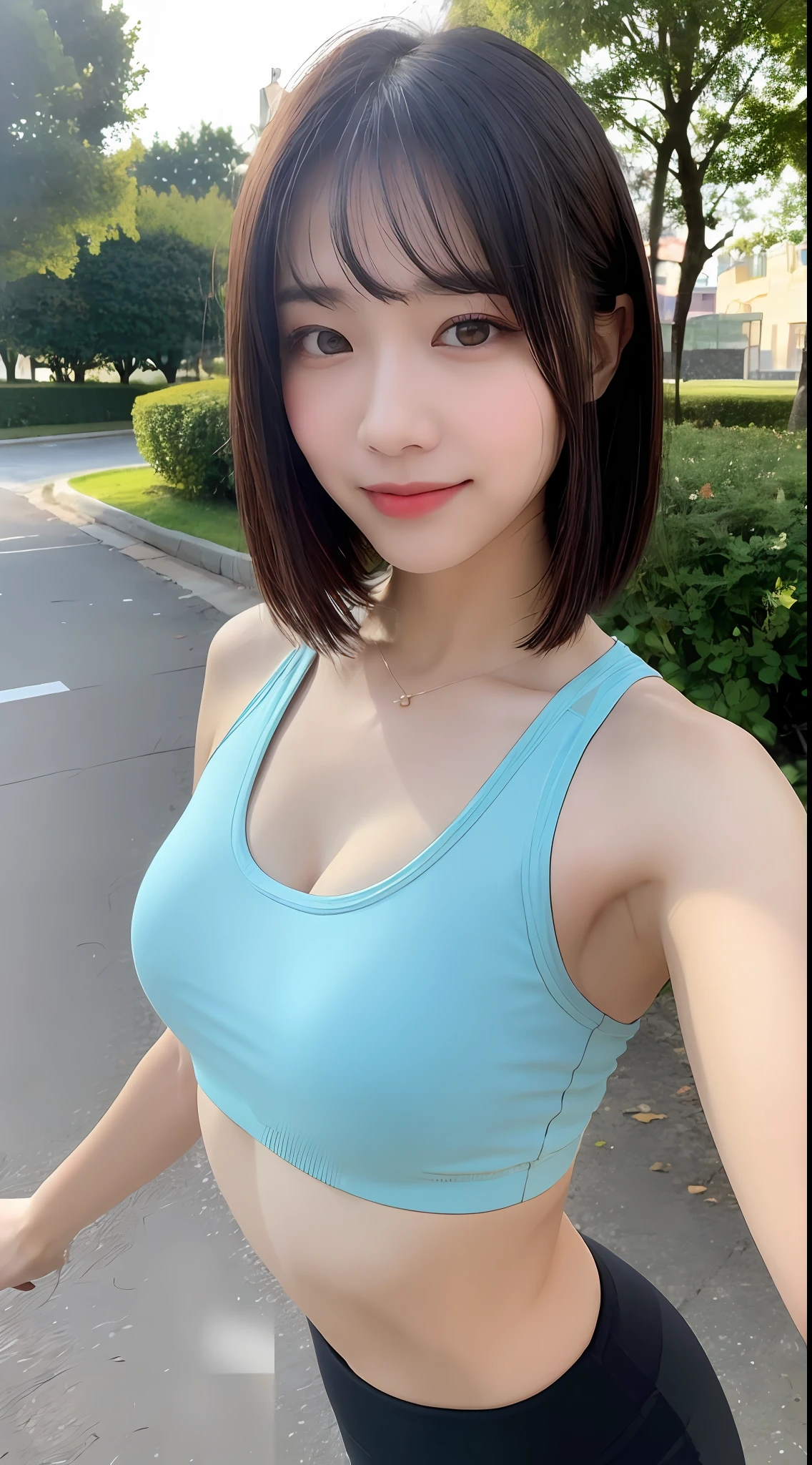 ((Top Quality, 8k, Masterpiece: 1.3)), Sharp Focus: 1.2, Perfect Body Shape Pretty Woman: 1.4, Slender Abs: 1.2, (Layered Haircut, Big: 1.8), (Sports Bra: 2.0), (Jogging: 1.8), (Street: 1.2), Highly Detailed Face and Skin Texture, Detailed Eyes, Double Eyelids, Smile, Bokeh,
