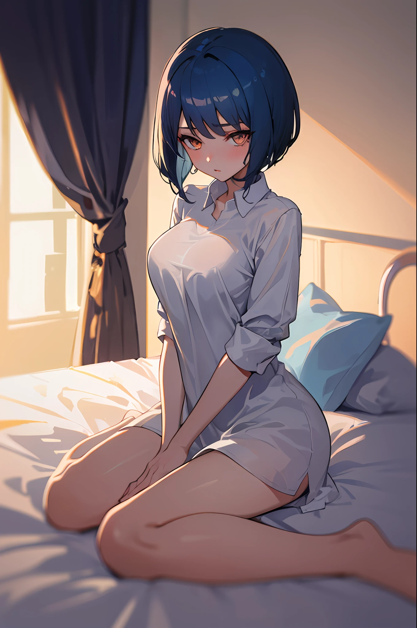 (((1 girl)), ray tracing, (dim lighting), [Detail background (bedroom)), (((dark blue hair)), ((Dark blue hair), (Fluffy dark blue hair, slender girl))) Short hair))) Avoid golden eyes in a sinister bedroom ((Naked oversized shirt)), sitting, showing hands between legs, blushing, delicate slim figure and graceful curves, medium breasts