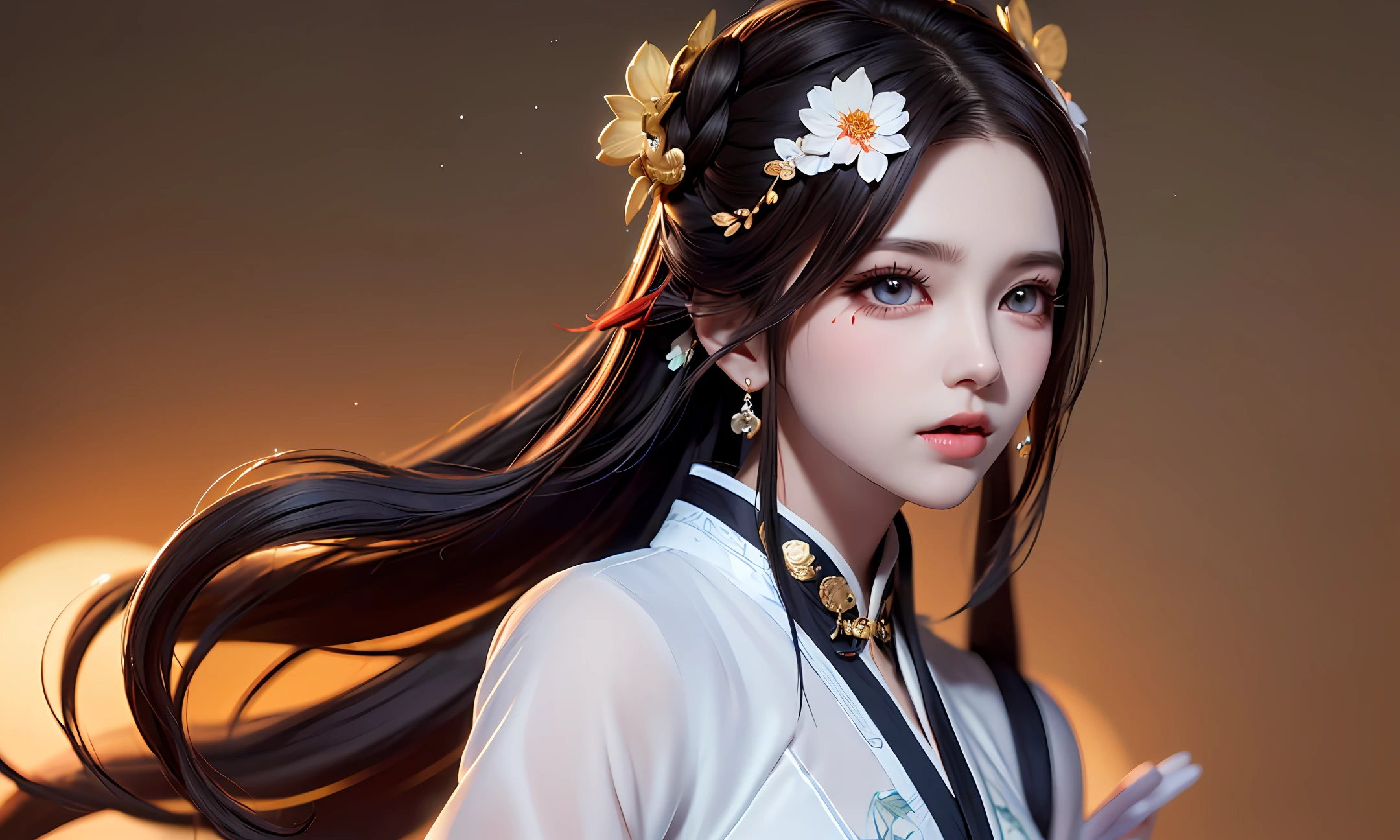 ((highres)), (open mouth), ((bust)), ((bust)), ((best quality))), (ultra-detailed)) ((very detailed CG)), ((8k_wallpaper)), dynamic angle, floating, (beautiful, detailed eyes), extremely beautiful girl, upper body, ink painting, (Chinese style), dark circles, burning heat, detail light.from_below, (dark hair), (dark hair), (dark hair), (dark hair), ( Red Spider Lily: 1.33), Water Eye, (Flower: 1.3), Bloom, Single, Starry Sky, Hair Ornaments, Earrings, Jewelry, Extra Long Hair, Messy Hair, Shoulderless, Half Closed, Blooming, ((Chivalry)), Fairy, (Hanfu: 1.3), (Middle Chest: 1.2), (Eye Shadow, Red Eye Line: 1.15), (Eyes Seen Through Hair: 1.2), (Solo)), Red Moon,