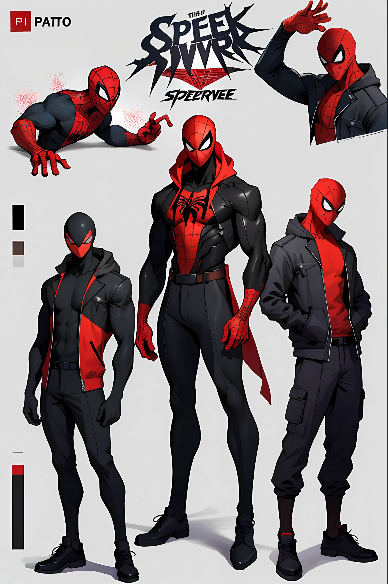 Spiderverse, character variations and concept versions, corpo inteiro, poses, Pinterest