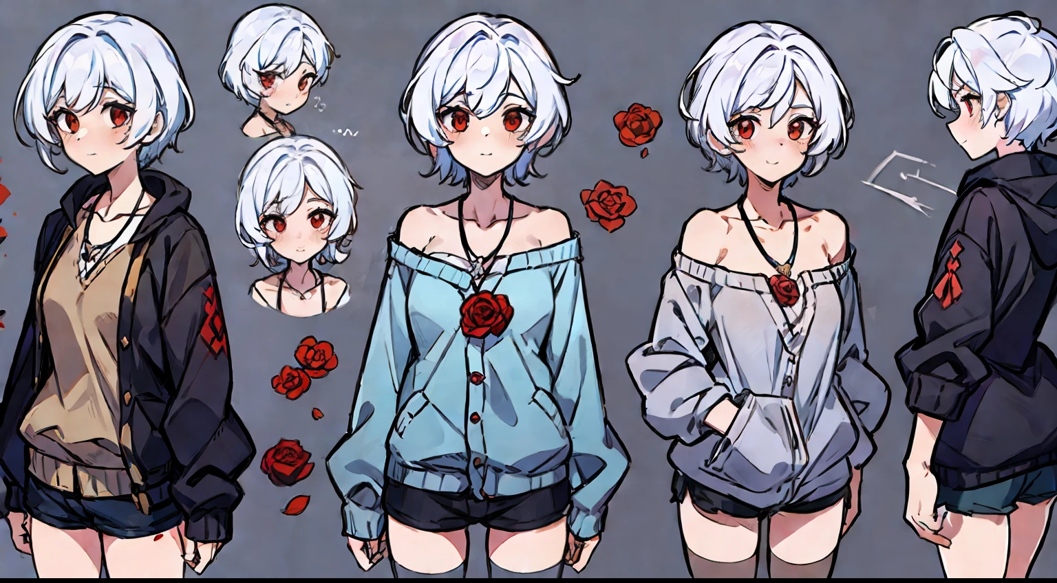 （（tmasterpiece）），（（（best qualtiy））），（CharacterDesignSheet，Same role，frontage，Lateral face，on  back），1gril，独奏，with short white hair，red eyes，tmasterpiece，best qualtiy，looking around a corner，full bodyesbian，Height 150cm，A detailed，ssmile，Off-the-shoulder cardigan with shorts，Cross necklace，Red roses as accessories，charturnbetalora，concept-art，concept art of character，Character sketches，reference sheet，Role table，skateboards（simplebackground，white backgrounid： 1.3)