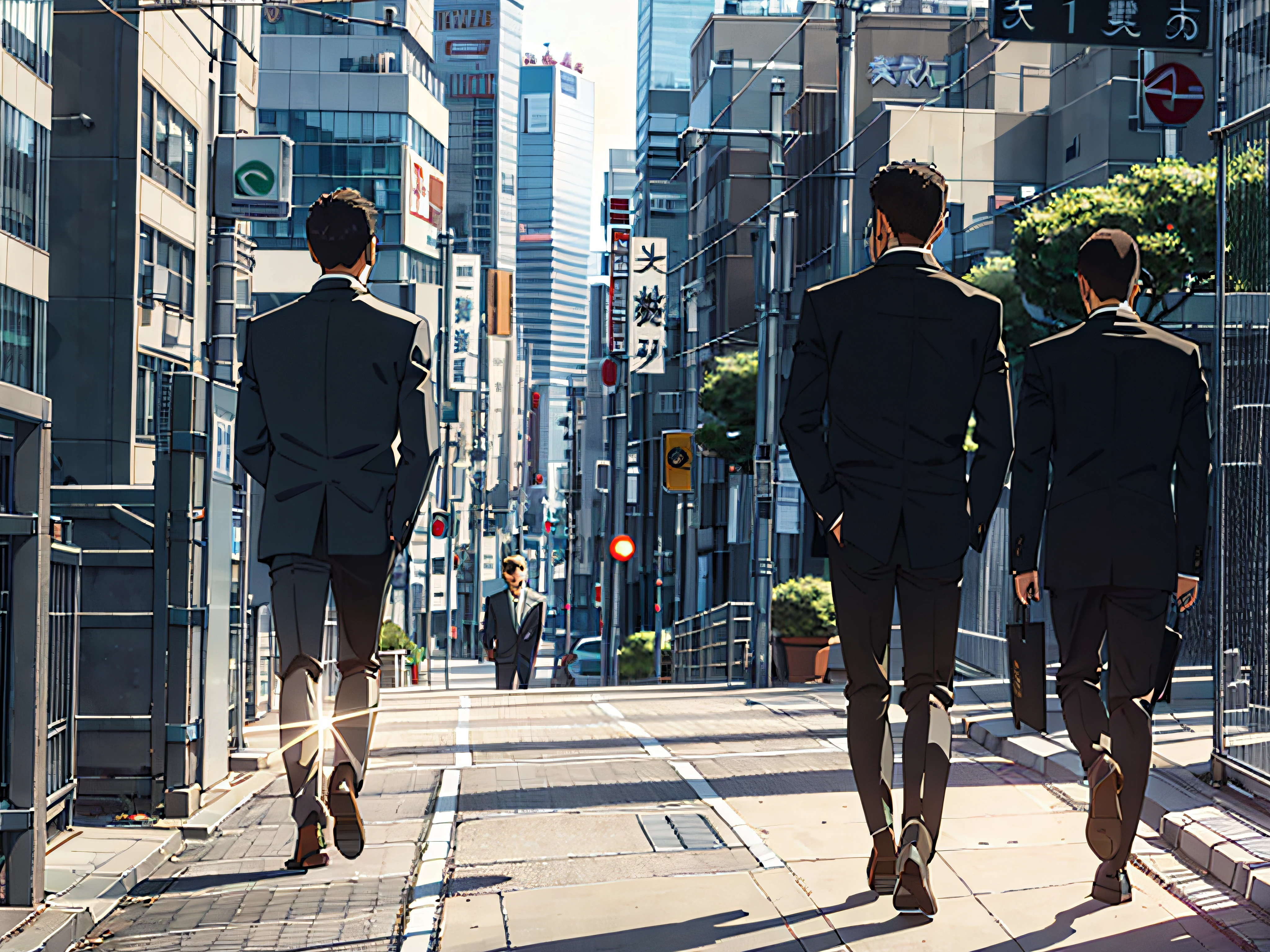 Behind the scenes of a young businessman walking in an office district in Tokyo