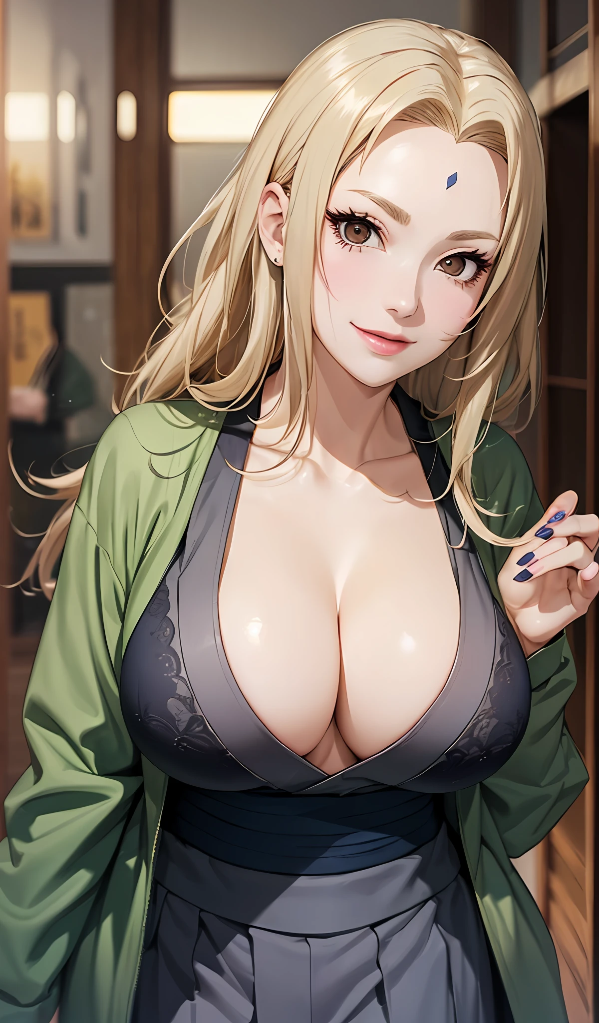 T5un4D3, marks,Tsunade, ((Gray kimono,Gray skirt、 Dark blue sash, The jacket is a green jacket))、8K, 1girl in, 独奏,cleavage of the breast,(masterpiece:1.4),(Top image quality:1.4),(glowy skin),Tsunade_senju、A smile、Big thighs、Big ass,(a blond、dark-brown eyes)、爆乳、