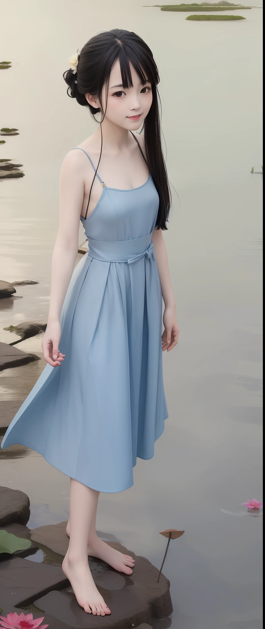 ((4k,masterpiece,best quality)), shuimobysim, traditional chinese ink painting, lotus, hanfu, maxiskit, dress conservatively 1girl, solo, long blue hair, smile, standing, feet in the water, barefoot,