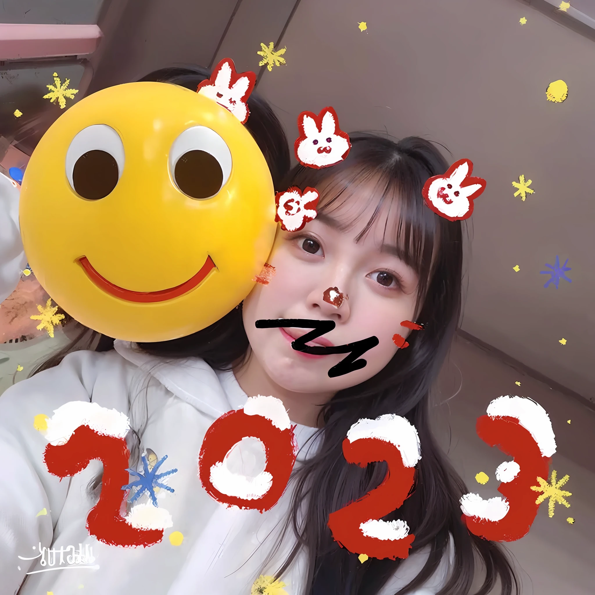 there is a woman holding a smiley face balloon with the number 2013, 2 0 2 2 photo, 2022 photograph, photo from 2022, 2023, 2 0 2 3, Ruan cute vtuber, she is 2 3, Happy!!!, Round cute face, uwu, 2022