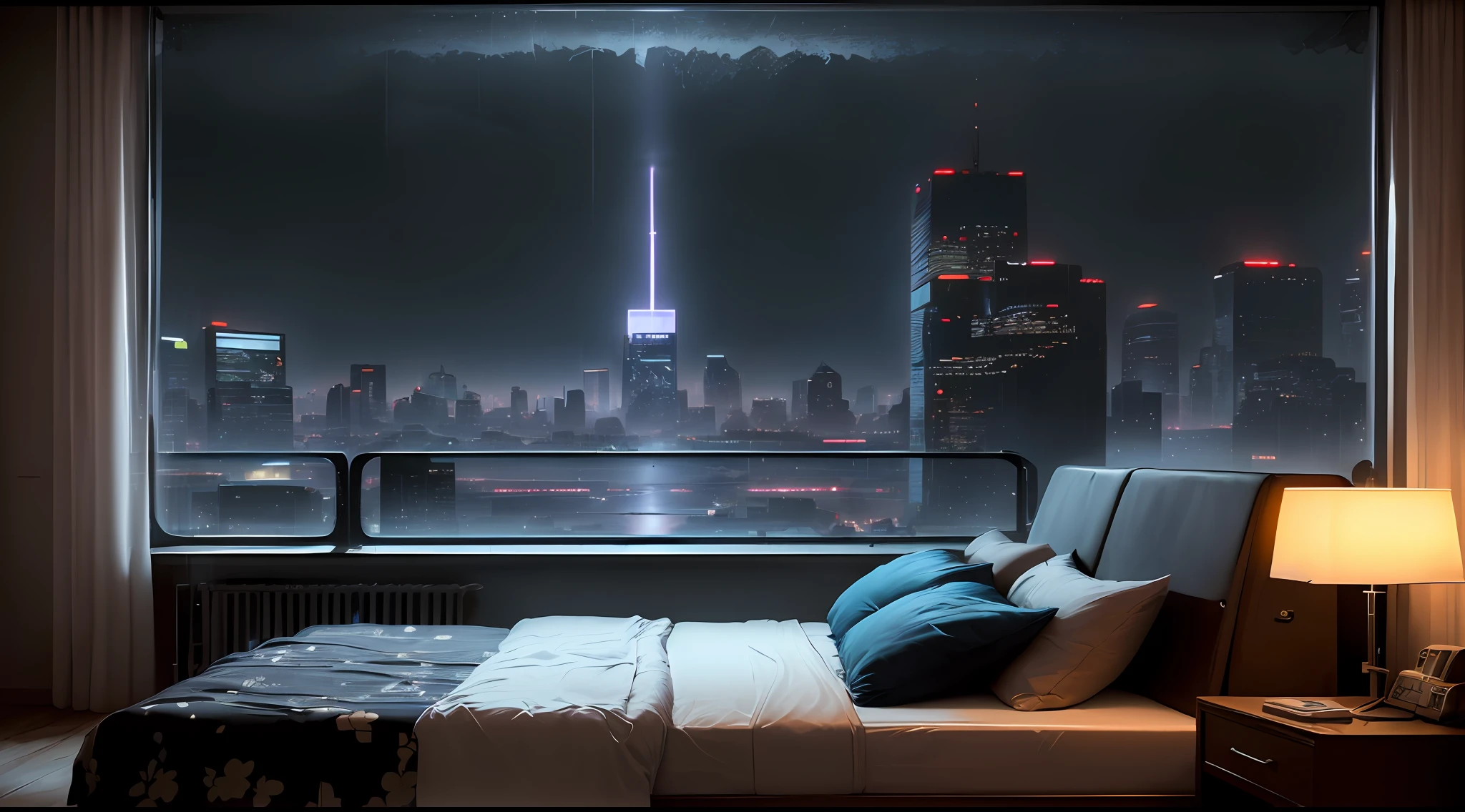 cyberpunk bedroom,sense of science and technology,Darker tones,bed by window,Night with heavy rain