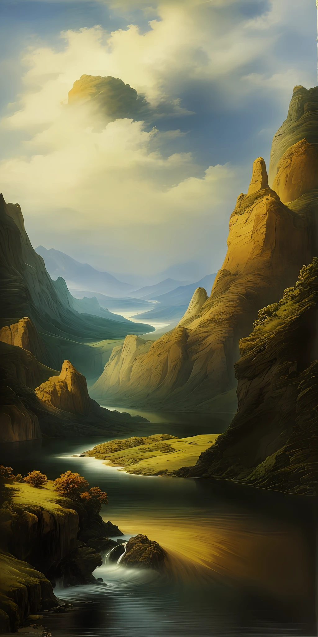 ((masterpiece)), best quality, ultra-detailed, A landscape with a deep sense of depth, The water in the mountains is gurgling,Drifting clouds,colors full.