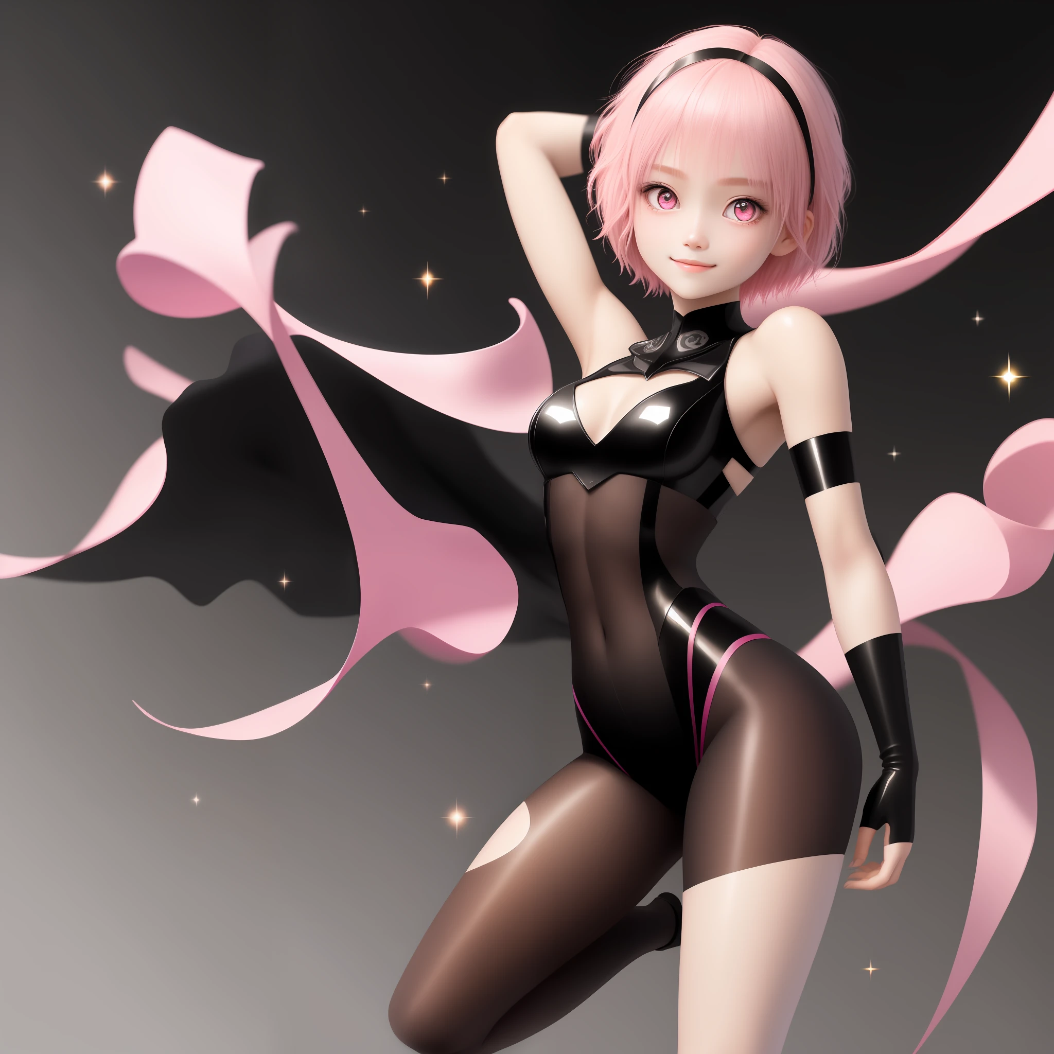 pink short hair,Pink eyes,Highest quality work,Textured skin,The face is delicate and cute,Need,a beauty girl,8K,The legs are in an inner figure,perfect bodies,is shy,low head,ssmile,Pure eyes,Japanese girly face,Glitter skin,Wearing impossible black tights,Lower body with bare legs,legs bare