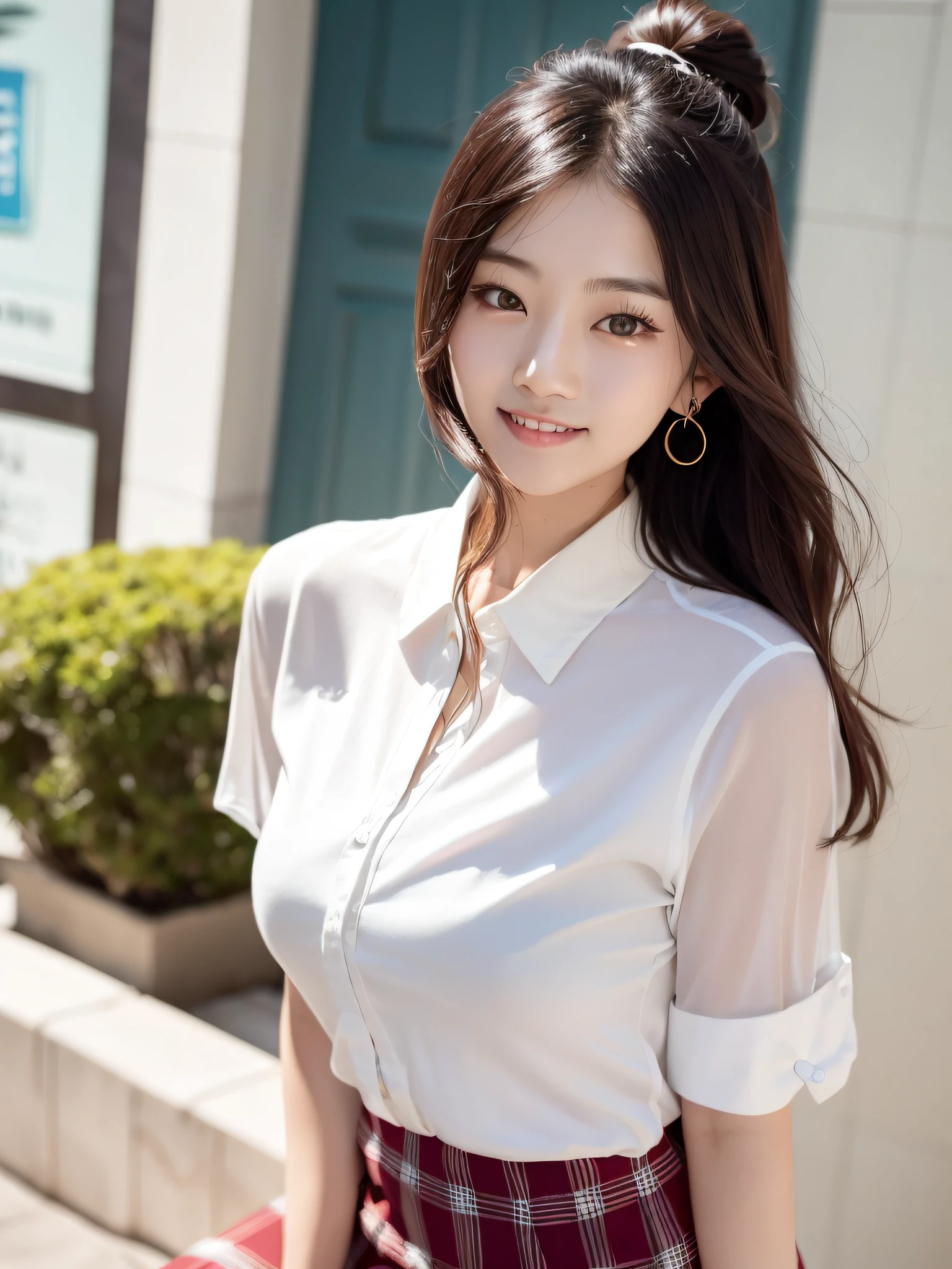 arafed asian woman in a white shirt and plaid skirt, gorgeous young korean woman, korean girl, beautiful south korean woman, smooth white tight clothes suit, sakimichan, korean women's fashion model, beautiful young korean woman, wearing in shirt, tzuyu from twice, button - up shirt, japanese model, white trendy clothes