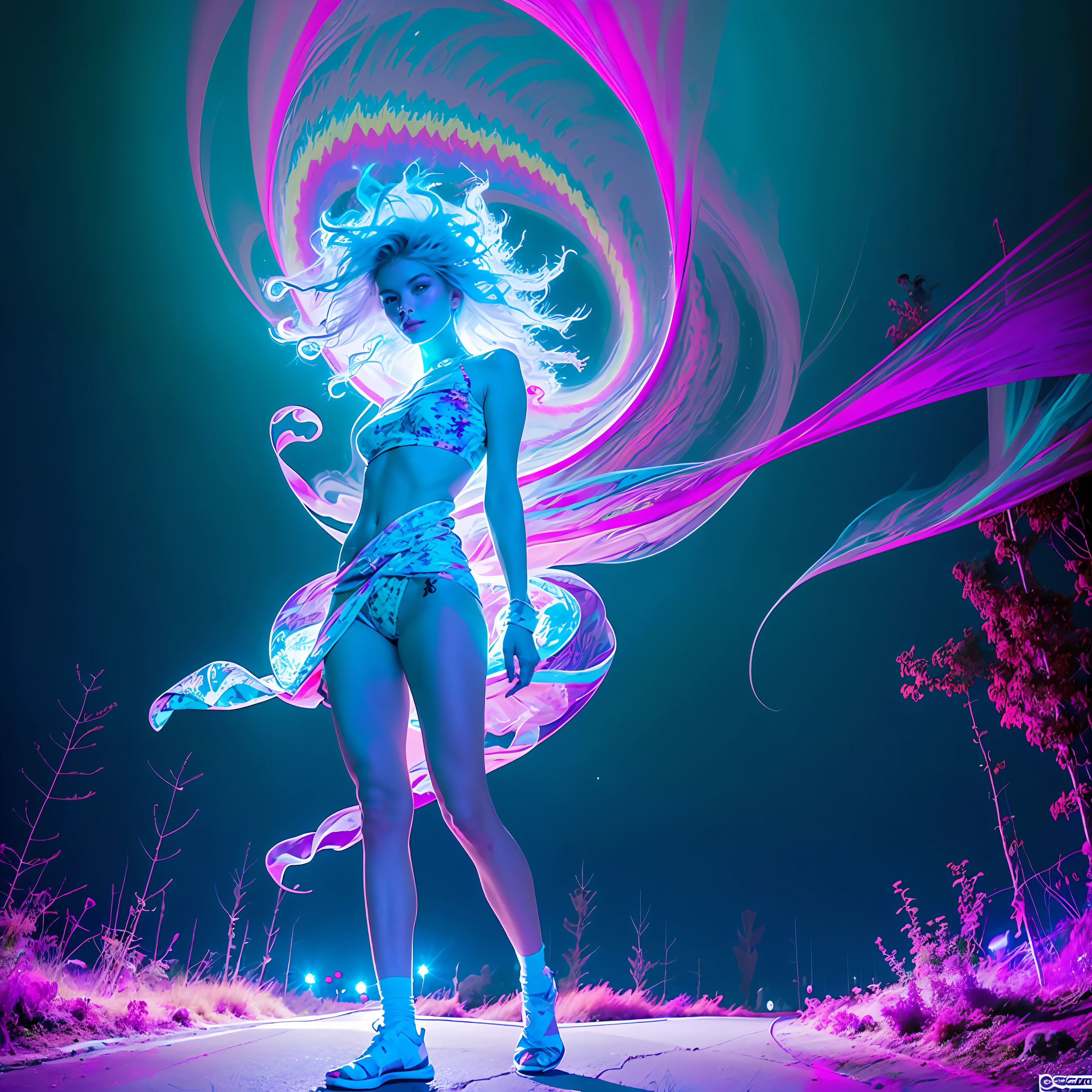 "Psychedelic beauty, street shot, captivating full-body pose showcasing stunning x-ray layers, exuding an ethereal aura."