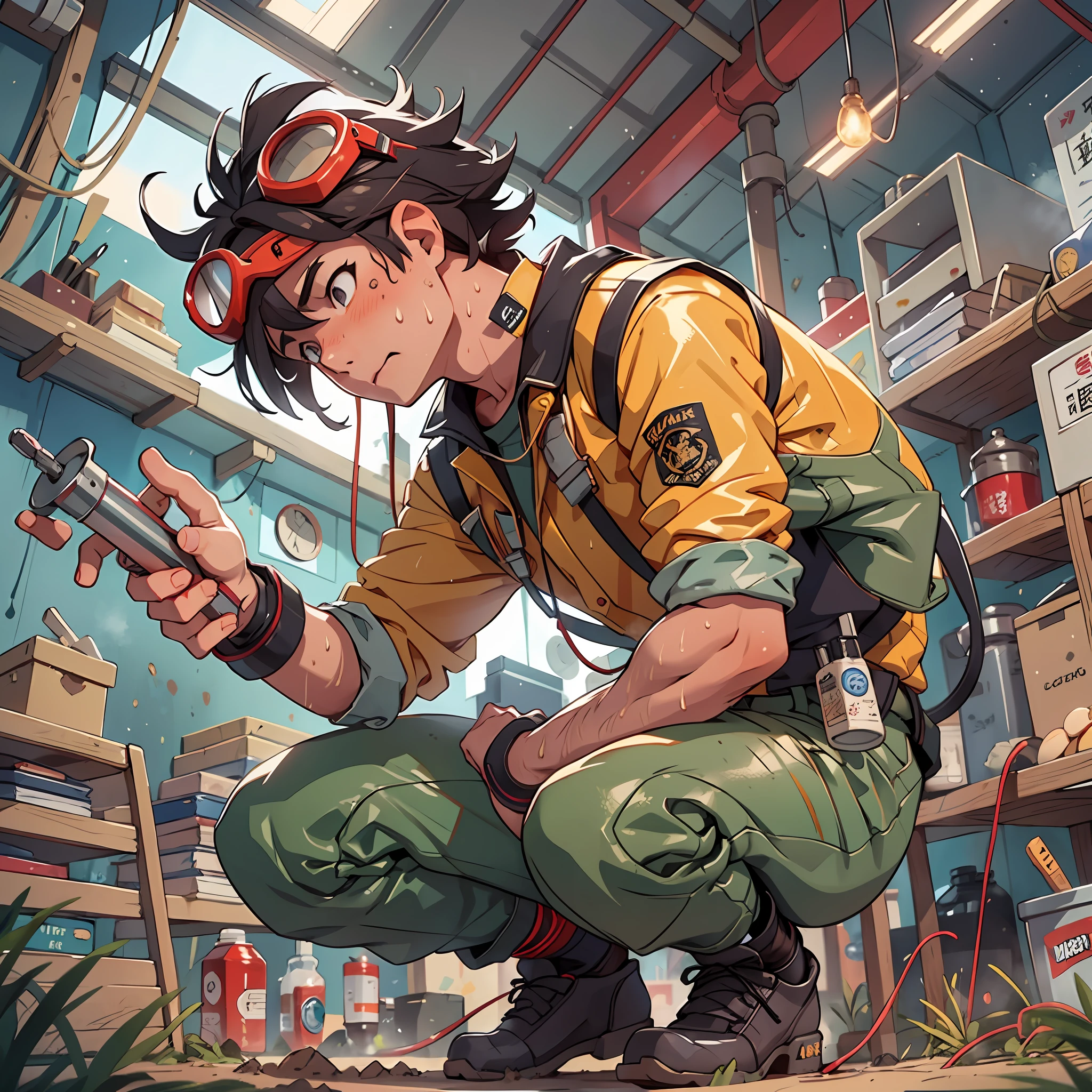 tmasterpiece,Best quality at best,ultra - detailed,illustratio,1boy,fireman,独奏,shiny,Reflective,latex,working clothes,hardhat,Raised sexy,body,Squat,A detailed,Work shoes,fire dragon,untidy,taller,industry,black colors,red colour,Silvertone,metals、mitts、protective goggles、Protection、equipment、Machinary、tools、spark of light、dirt、dirt、oiled、Dirt stains cov、sweat leggs、exhaust、pipelines、appearance、dial、macarons、levers、electric cables、electrical wires、hydraulic pressure、System、Hydraulic presses、The crane,pulley,welding,torchan