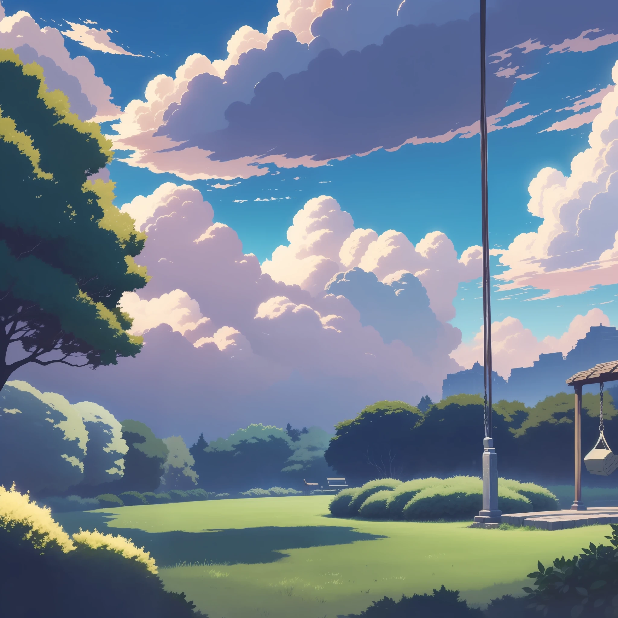 Wallpapers,scenecy,Best quality at best,with blue sky and white clouds,The tree,swing,Anime style,8K,Makoto Shinkai painting style,Anime landscapes,Anime background art