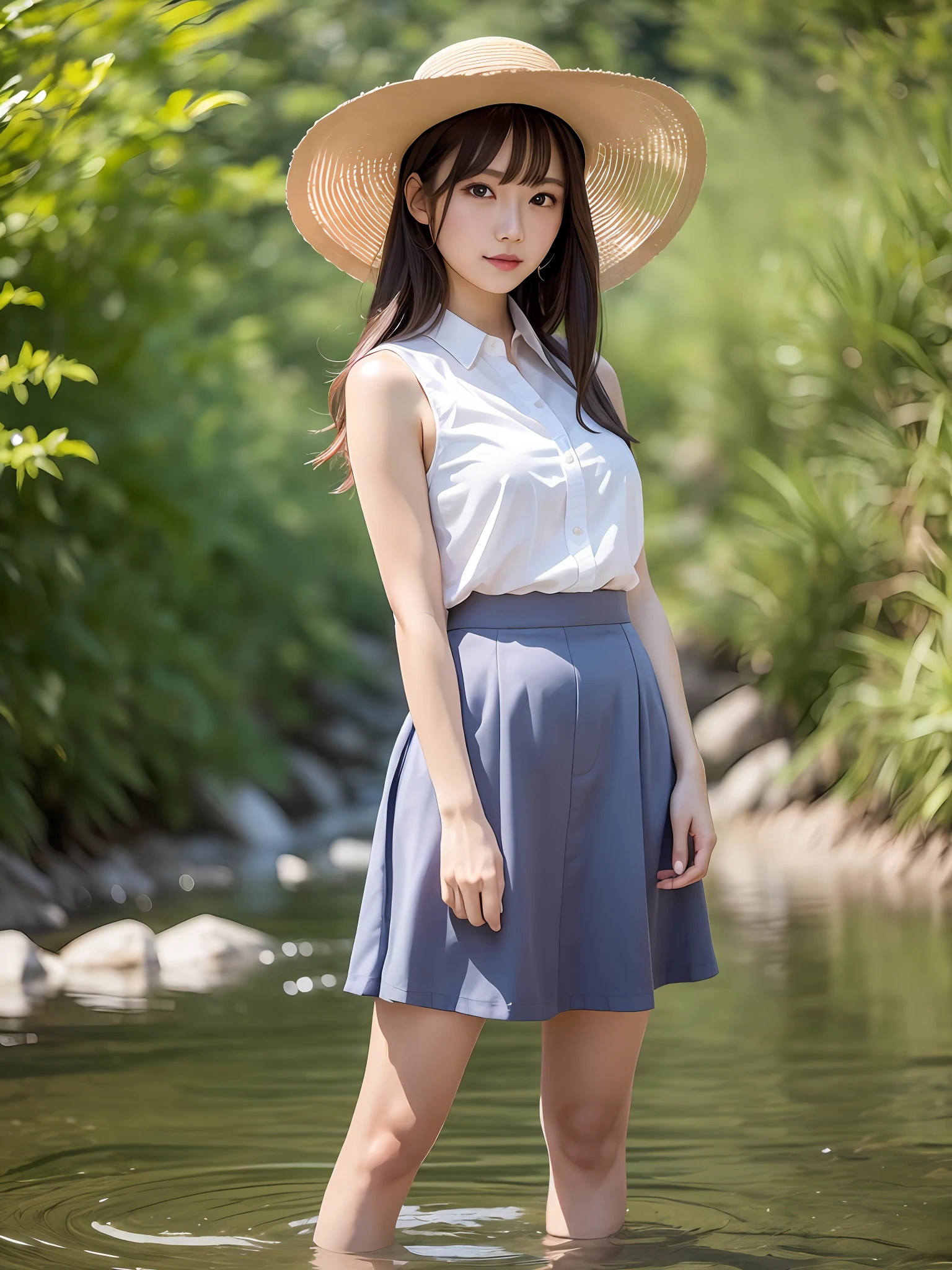 mastepiece, 1 girl per 1 photo, full body shot, front view, a Japanese young pretty girl, standing alone in a river surrounded by mountains of a countryside of Japan, a big smile, glamorous figure, wearing a sleeveless light blue blouse with collared, wearing a short length light brown culottes skirt, wearing a white straw hat, hyper cute face, glossy lips, double eyelids for both eyes, natural makeup, shiny smooth light brown hair of long bob hair, asymmetrical bangs, tanned skin, central image, 8K resolution, high detail, detailed hairstyle, detailed face, cinematic lighting, octane rendering, hyper realistic, perfect limbs, perfect anatomy