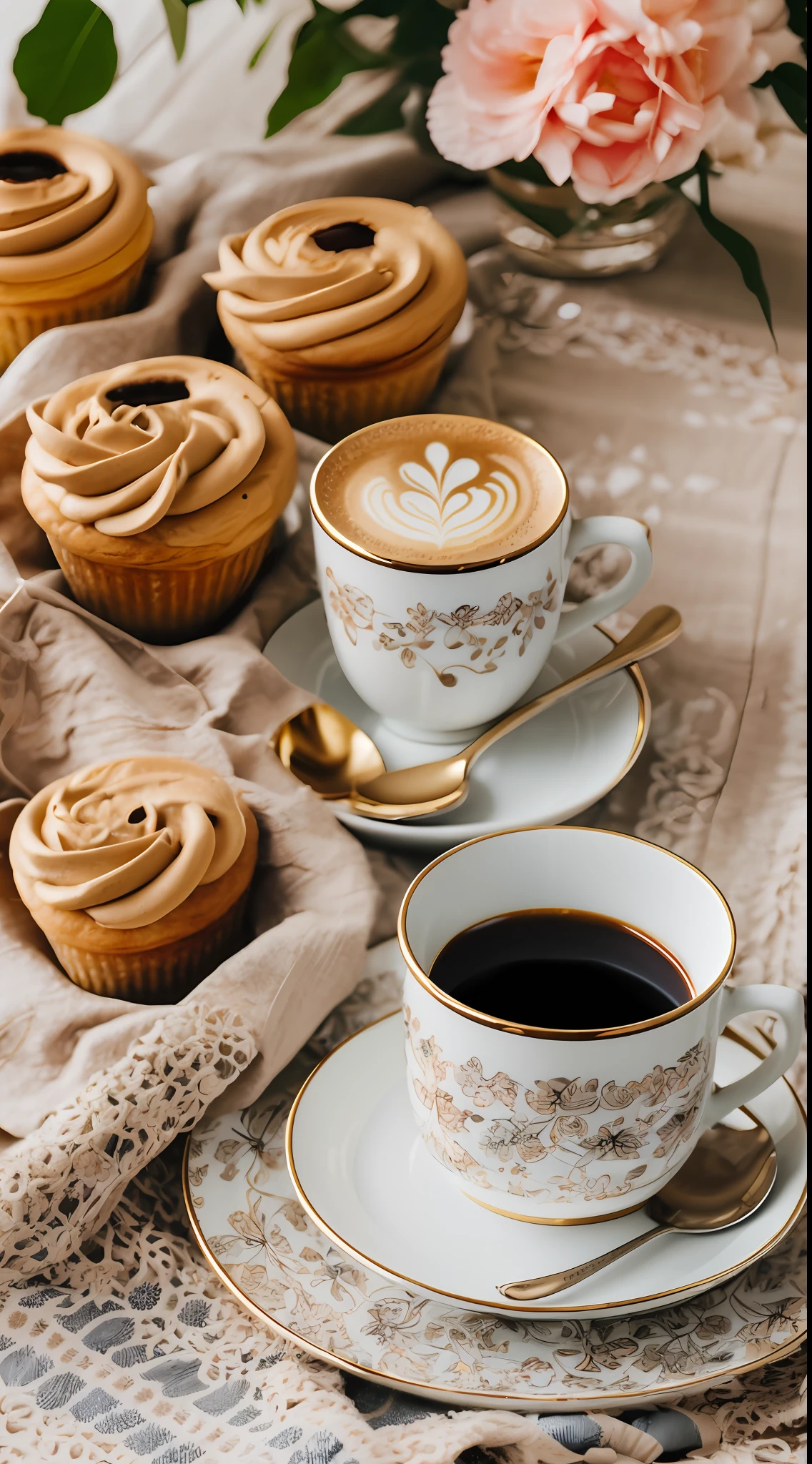 Coffee in a lovely gourmet cup,  Good morning, floral print, daytime lighting, Flowers, Chic, sugar, Coffee BeansPrint Flowers, dessert, lace, crystals,  Golden Lines, Professional,  Realistic, Top Quality, tmasterpiece, polka dot tablecloth, Full color, a pastry --auto --s2