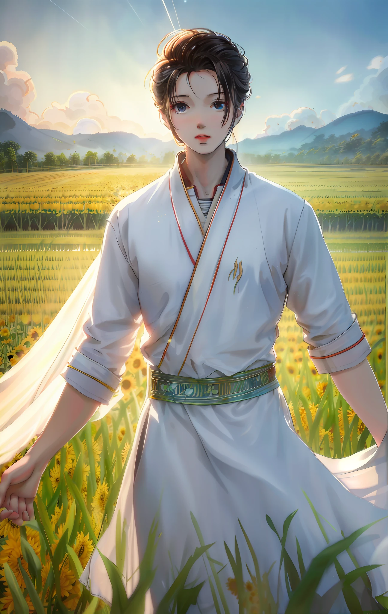 sunflower fields, Young man standing in a sunflower field, large clouds, Blue sky, sunflower fields, neat sunflowers seedlings in the field, forest, hillside, secluded, rural, high definition detail, hyper-detailing, Cinematic, surrealism, Soft light,...
