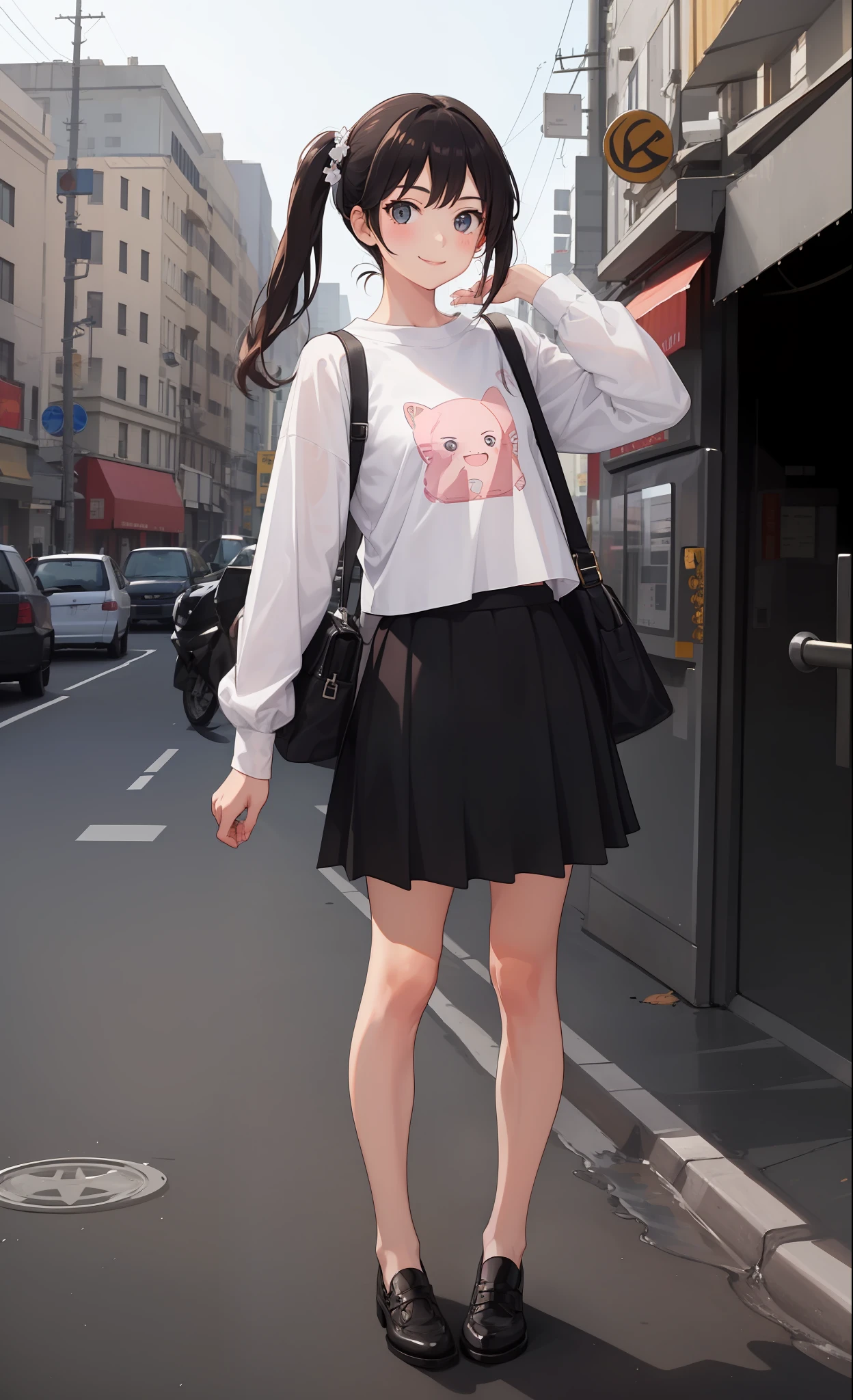 1 girl, smile, shirt, skirt, (small) chiralism,