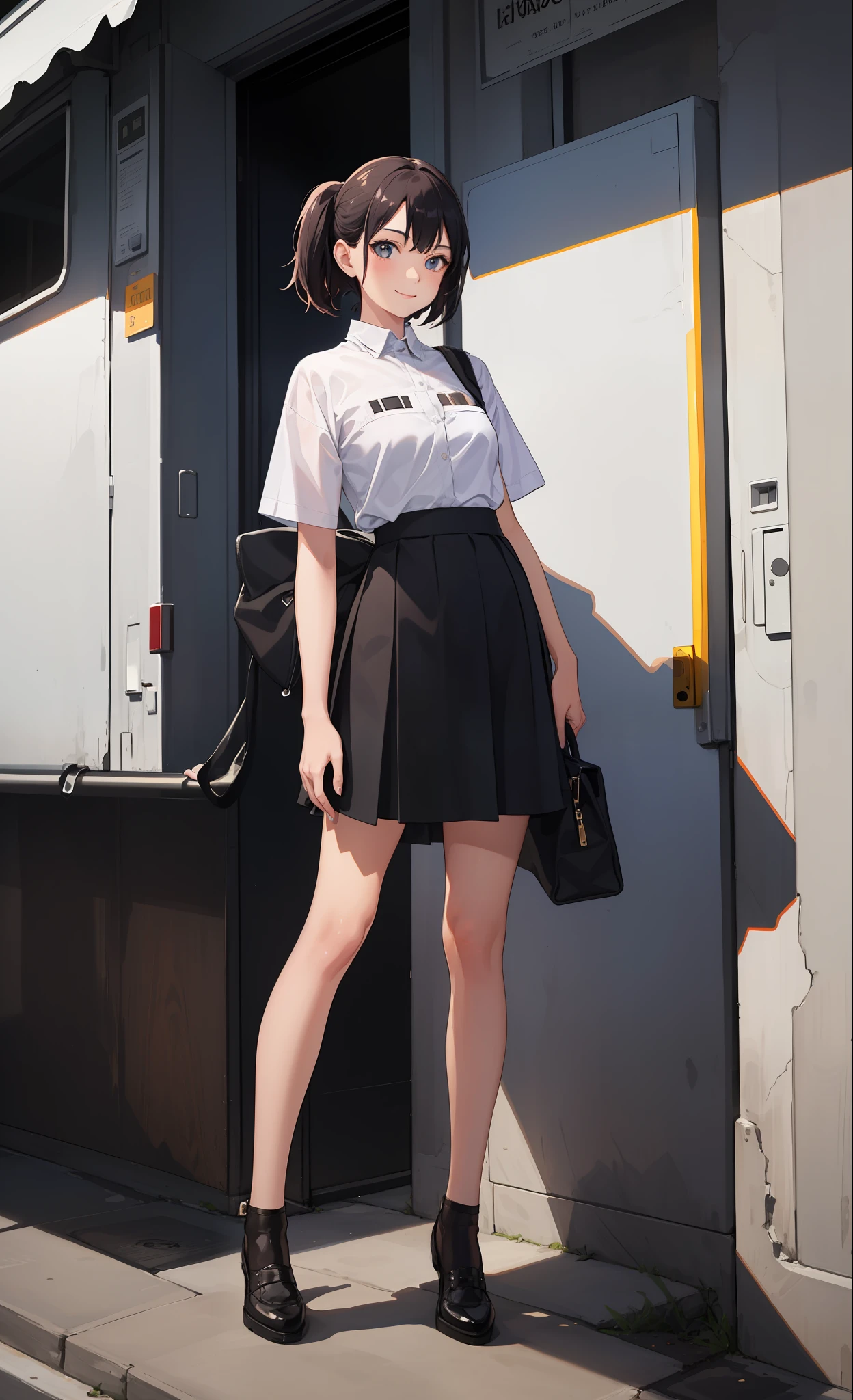 1 girl, smile, shirt, skirt, (small) chiralism,