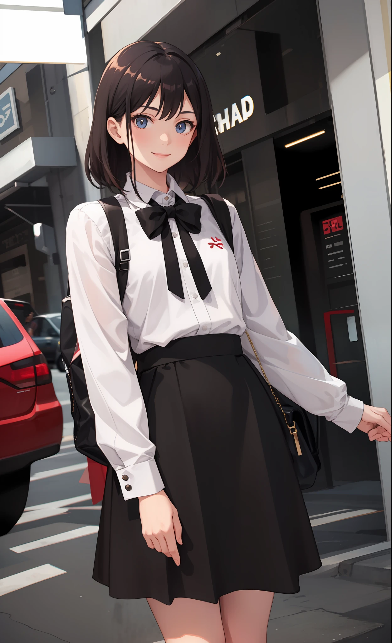 1 girl, smile, shirt, skirt, (small) chiralism,