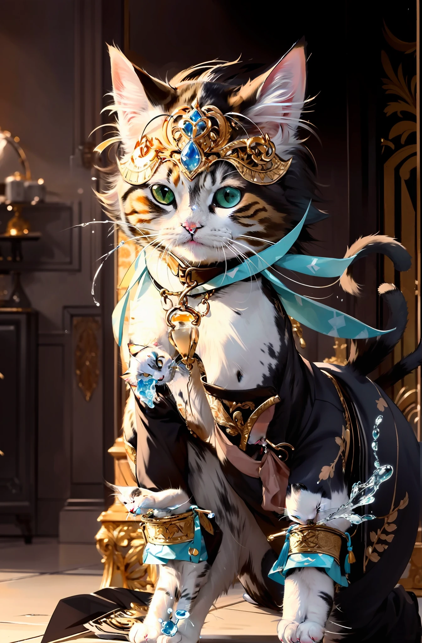 A cat carrying a drop of water