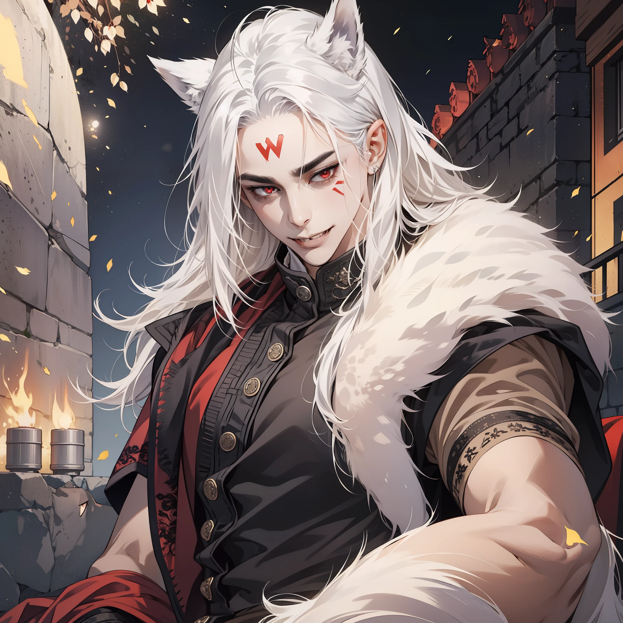 Werewolf orcs,Red eyes,gentleness,White hair,Wolf paws,A wolf king,8K分辨率,tmasterpiece,HighestQuali,Black hair, surrealism, 8K, Super detail,Pointy ears,Wolf ears,Smile,fake smile,fang out,forehead mark,elbow pads