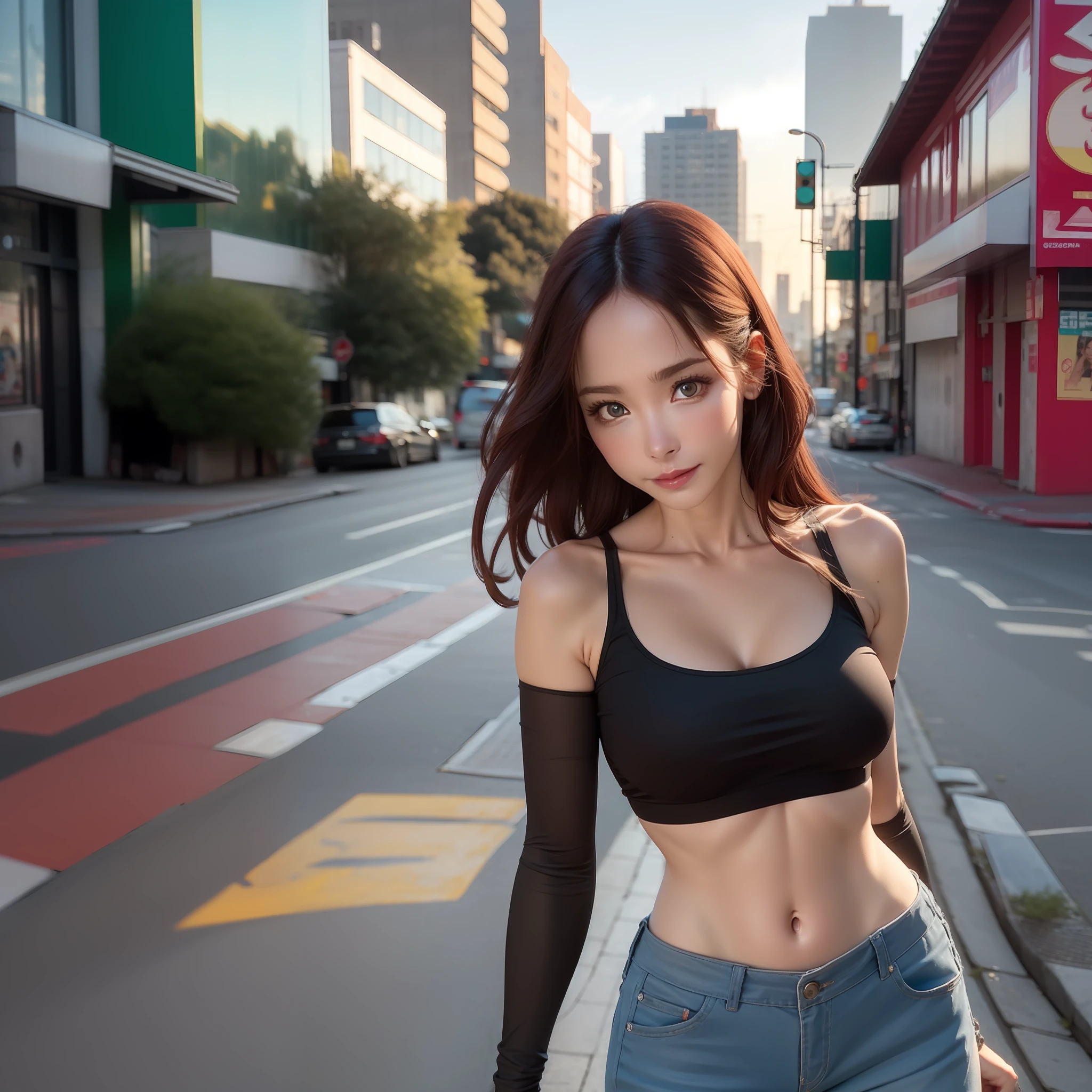 foto grande angular da mulher loira europeia em luzes de aro, olhos azuis aqua e maquiagem de olho de gato, vestindo crop top, portait_macrodetails, San_Francisco street in the background of sunset time, luzes da cidade, lightroom, natural, perfeito, (por Steve McCurry [Canon EOS 5D | Nikon D850 - Brasil | Pentax K-1]), cru, de alta qualidade, exposure blending, (hiperdetalhado, hiperrealismo, clear:1.2), bokeh, trending on reddit