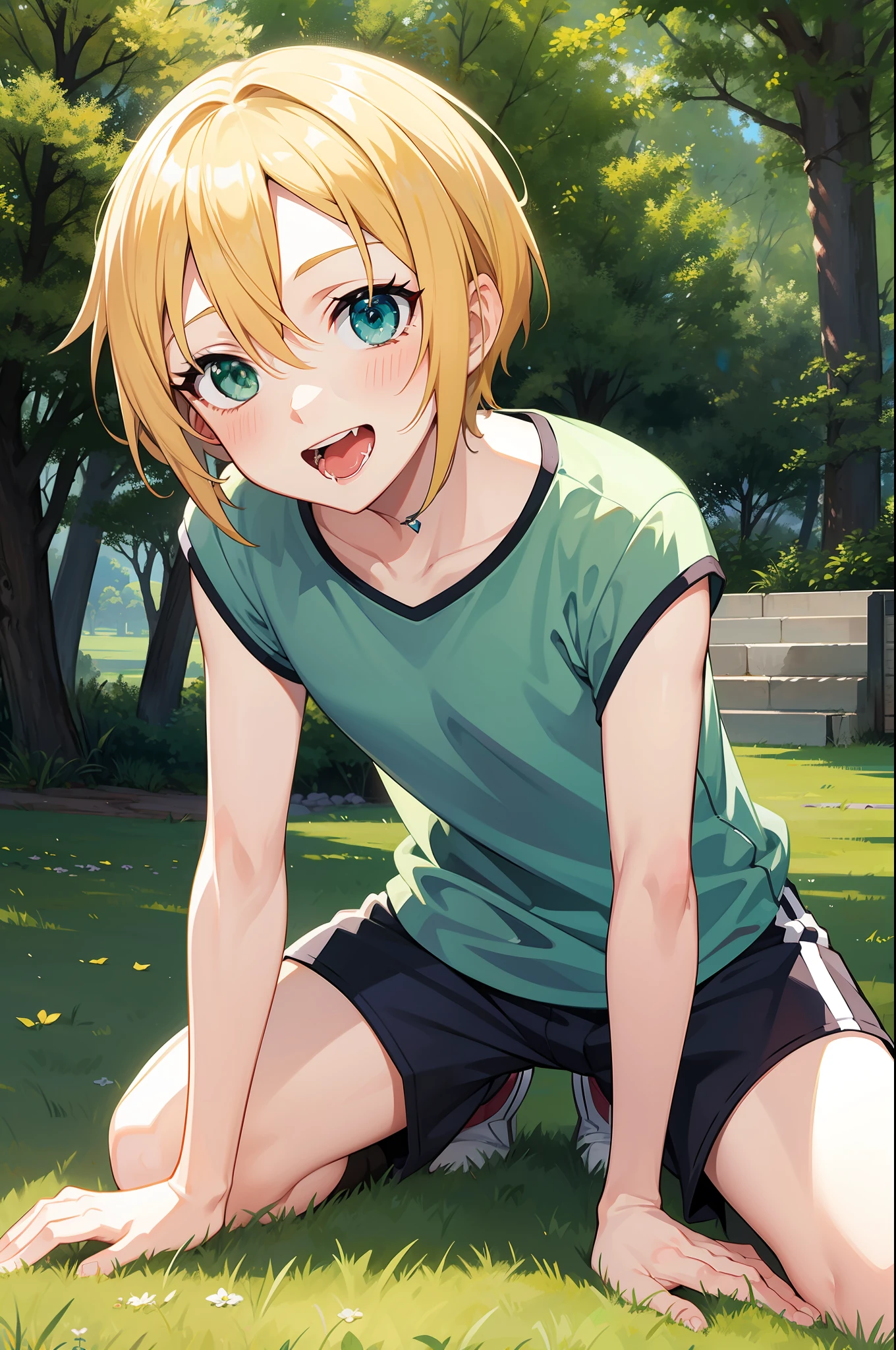 Sword Art Online,Eugeo,1boy,flaxen hair,Short hair,Green eyes,Empty eyes,Sportswear,All_Fours,Full body,Smile,Open mouth,Saliva,Outdoors,