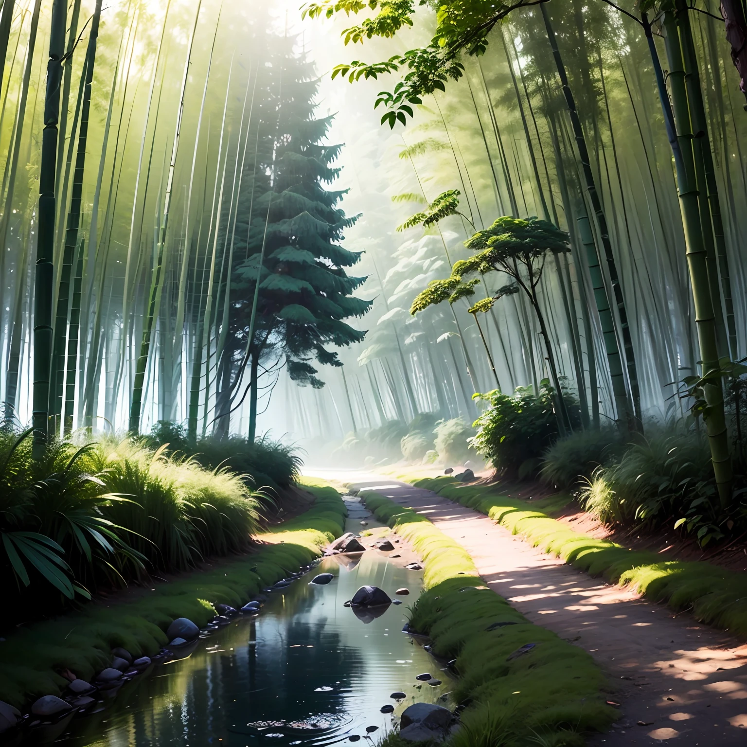 bamboo forrest,Small rivers,flagstone road,rays of sunshine,winds --auto