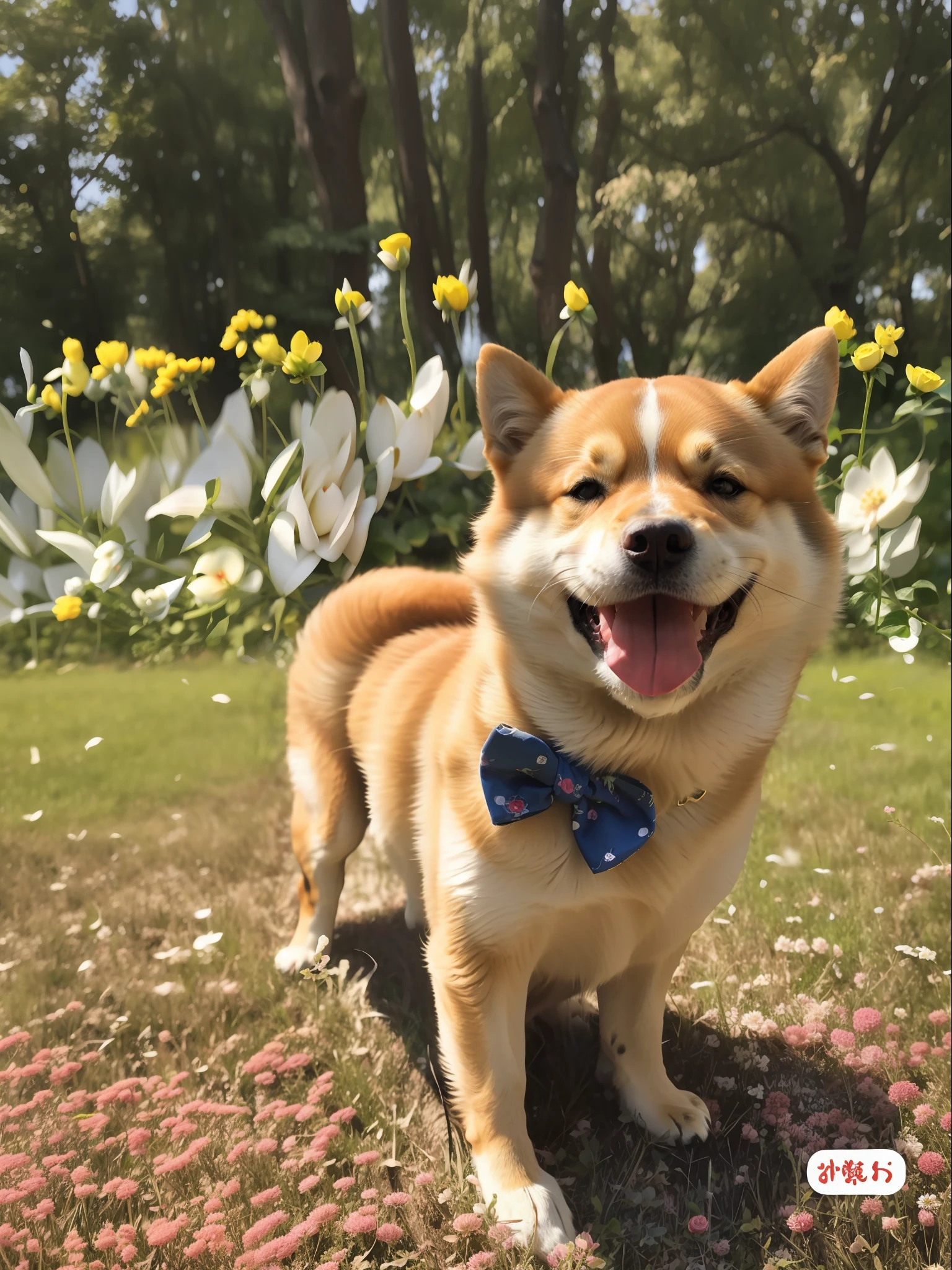 araffe dog with a bow tie standing in a field of flowers, Shiba dog, shiba inu dog, Anthropomorphic Shiba Inu, shibu inu, japanese dog, shiba inu portrait, governor, happy dog, he is happy, extremely happy, shiba inu face, joyful smirk, awww
