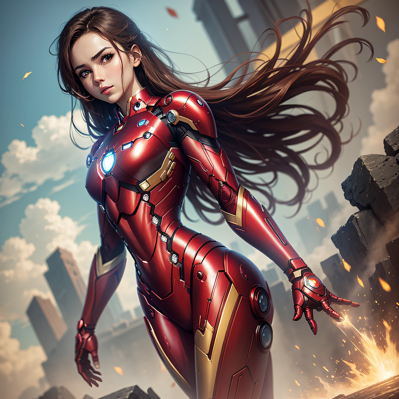 Beautiful Iron Man Bumpy HDR HD Ultra Clear Ruined City Background Elf Queen Face Long Hair Charming Beautiful Beautiful Eyes Looking Ahead Bright Eyes Hair Color Black Slender Legs Large Breasts Standing with Legs Crossed --auto