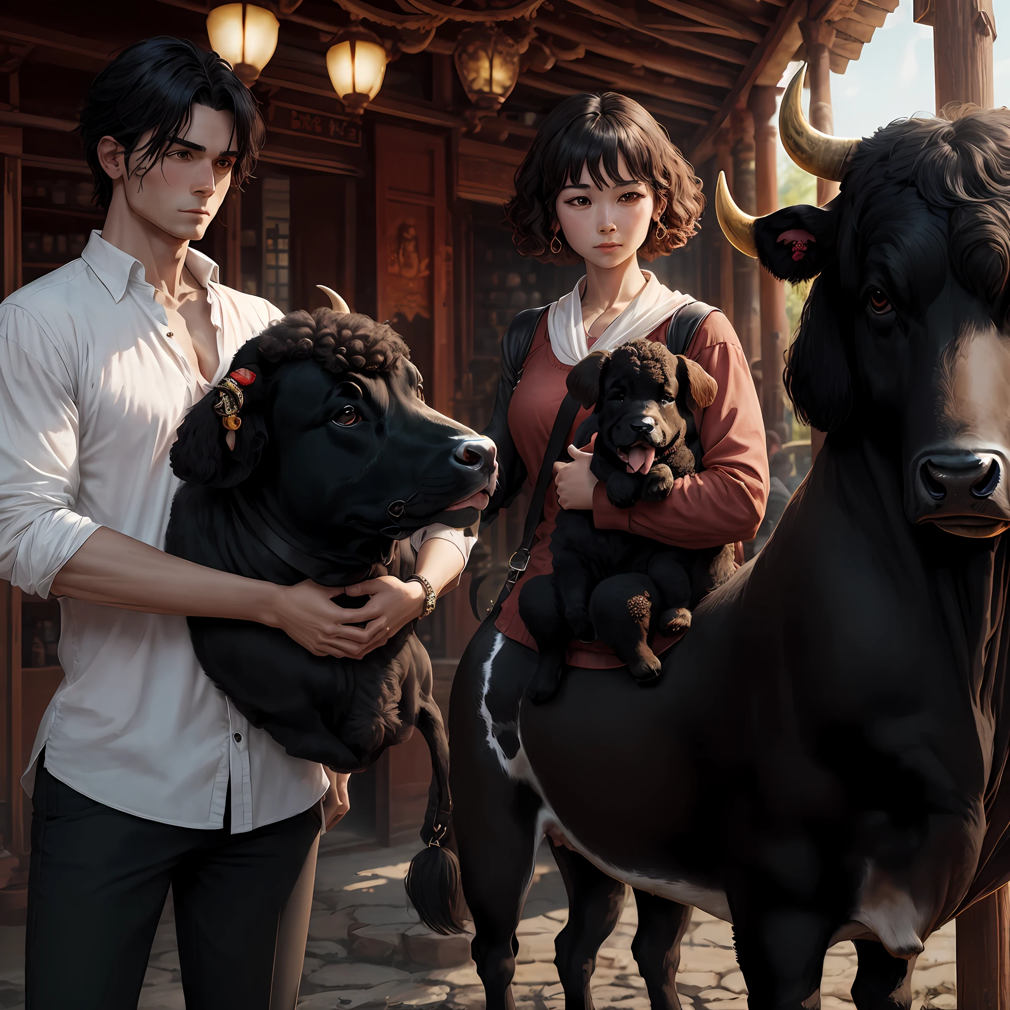 Men's hair becomes long,The bull's head in the man's hand disappeared,The dog in the woman's hand turned red,Women's hair is long,The body of the cow becomes sideways