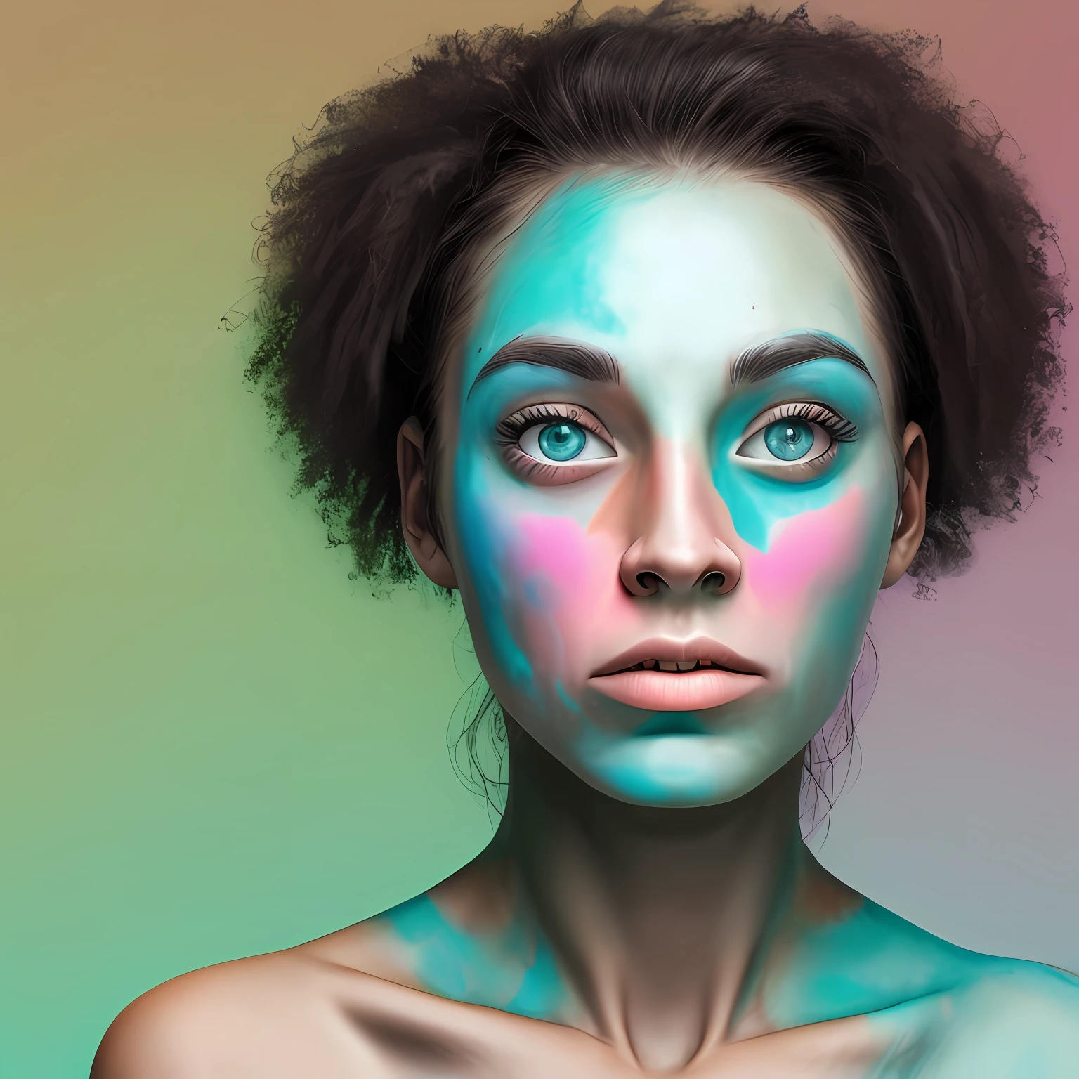 colorful face,a really big tooth,no clothes,woman